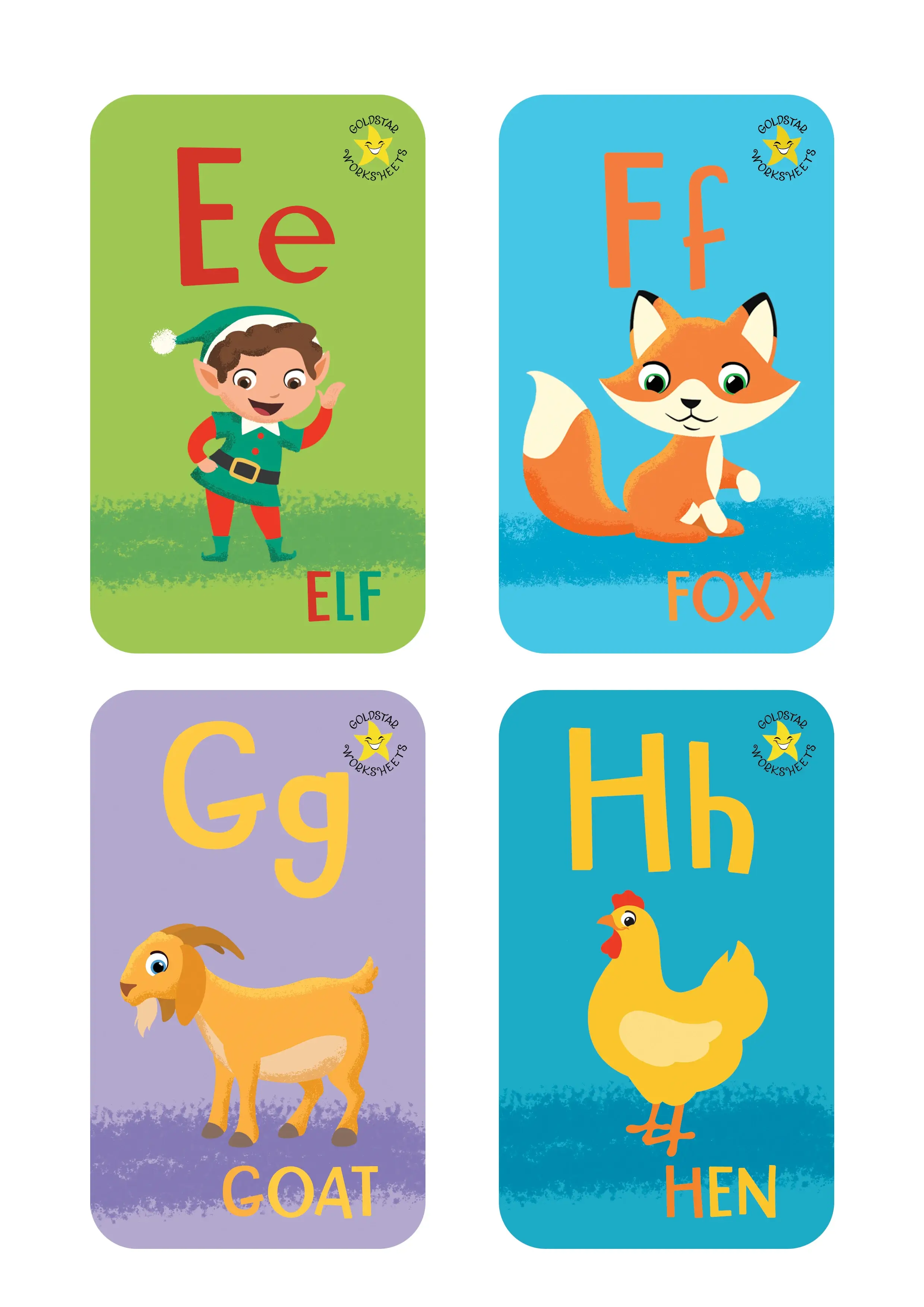 Alphabet flashcards for E-H. Showing E for Elf, F for Fox, G for Goat, and H for Hen.
