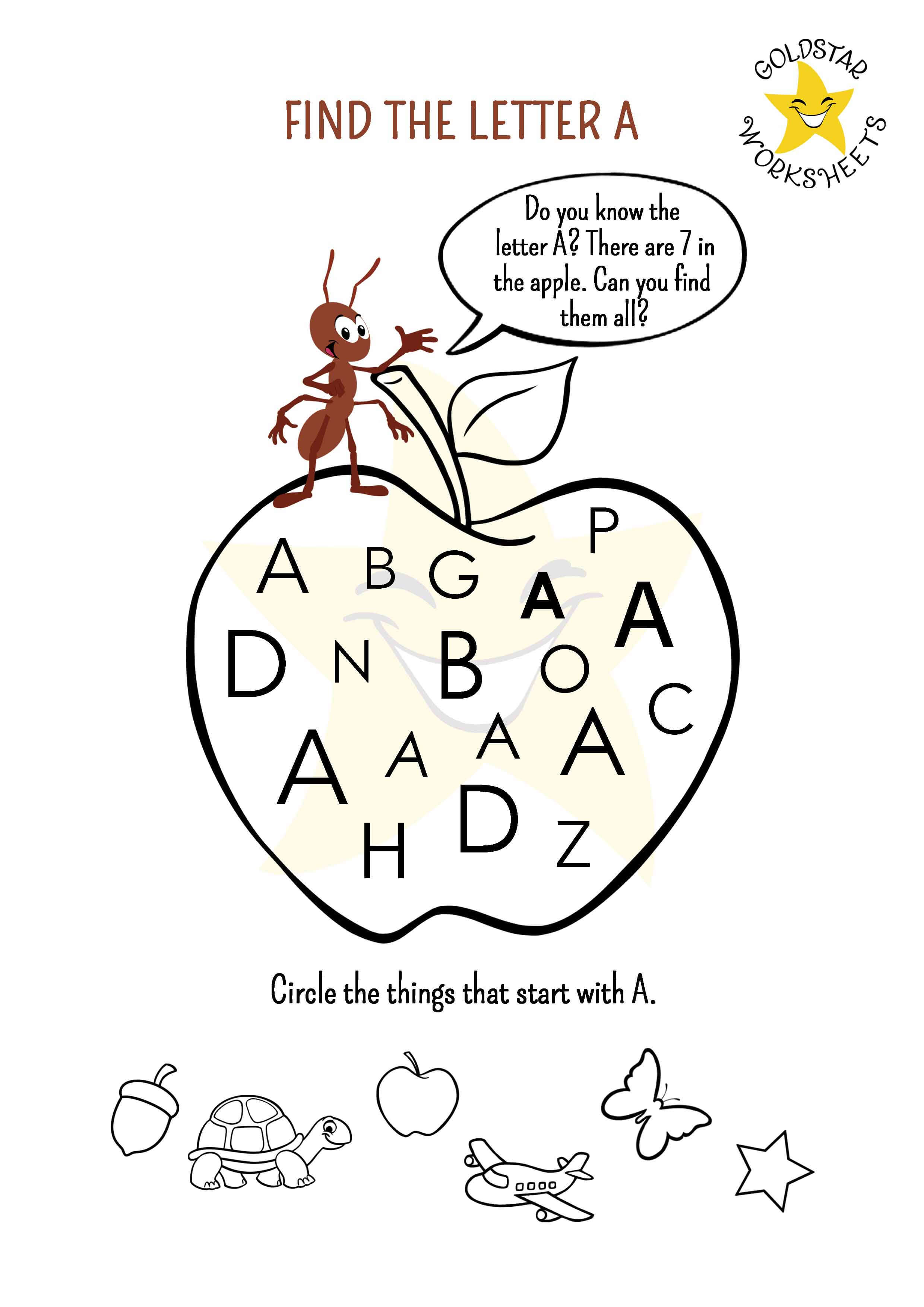 Uppercase A Worksheet - Find the A's with Friendly Ant
