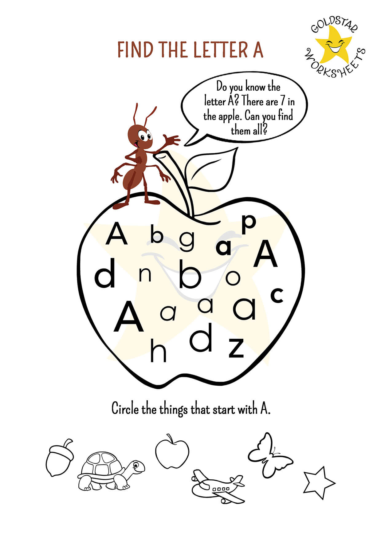 Find the Letter A Worksheet with Friendly Ant