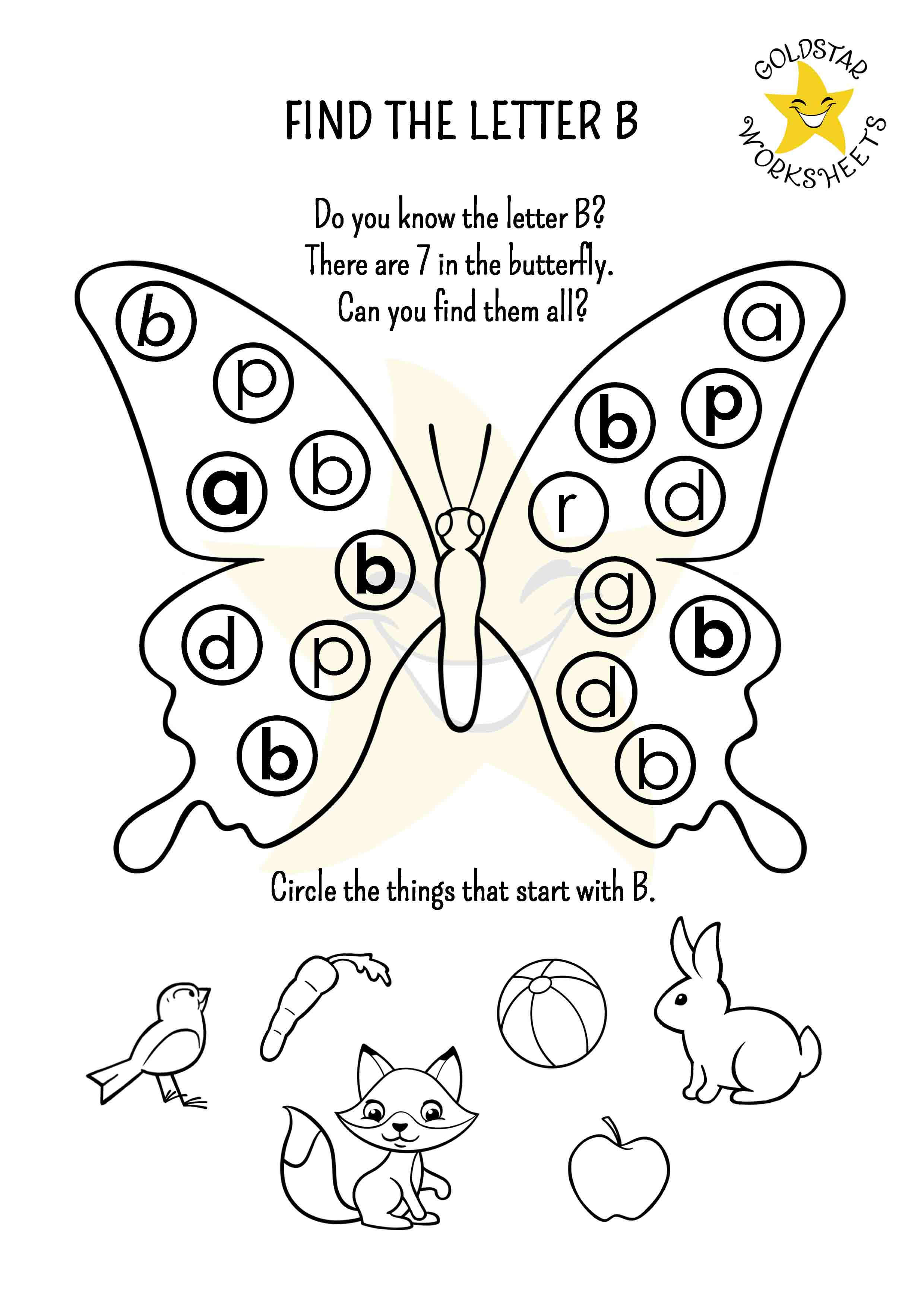Find the Lowercase b worksheet - color in the butterfly