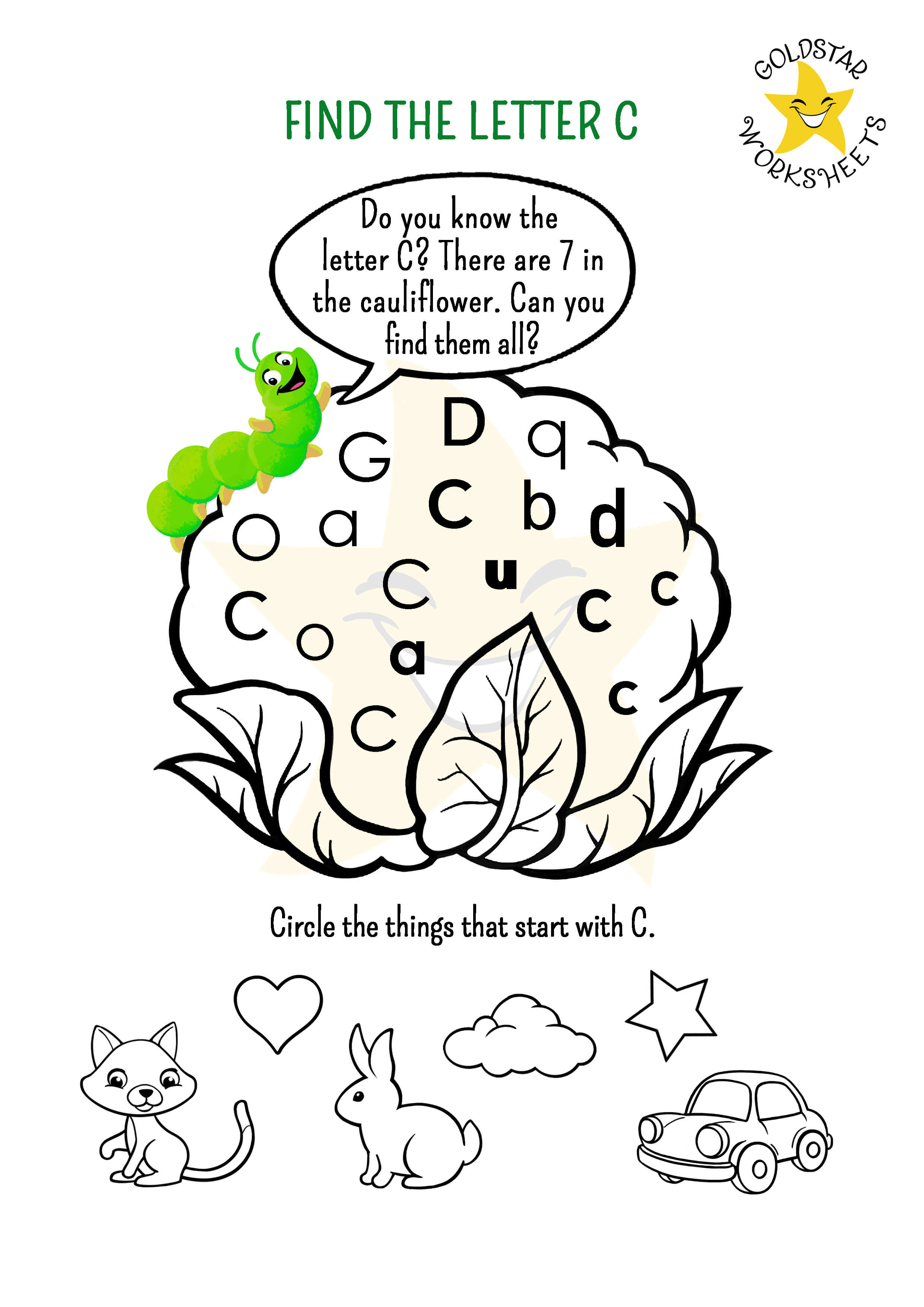Find the letter C worksheet with cute caterpillar on a cauliflower