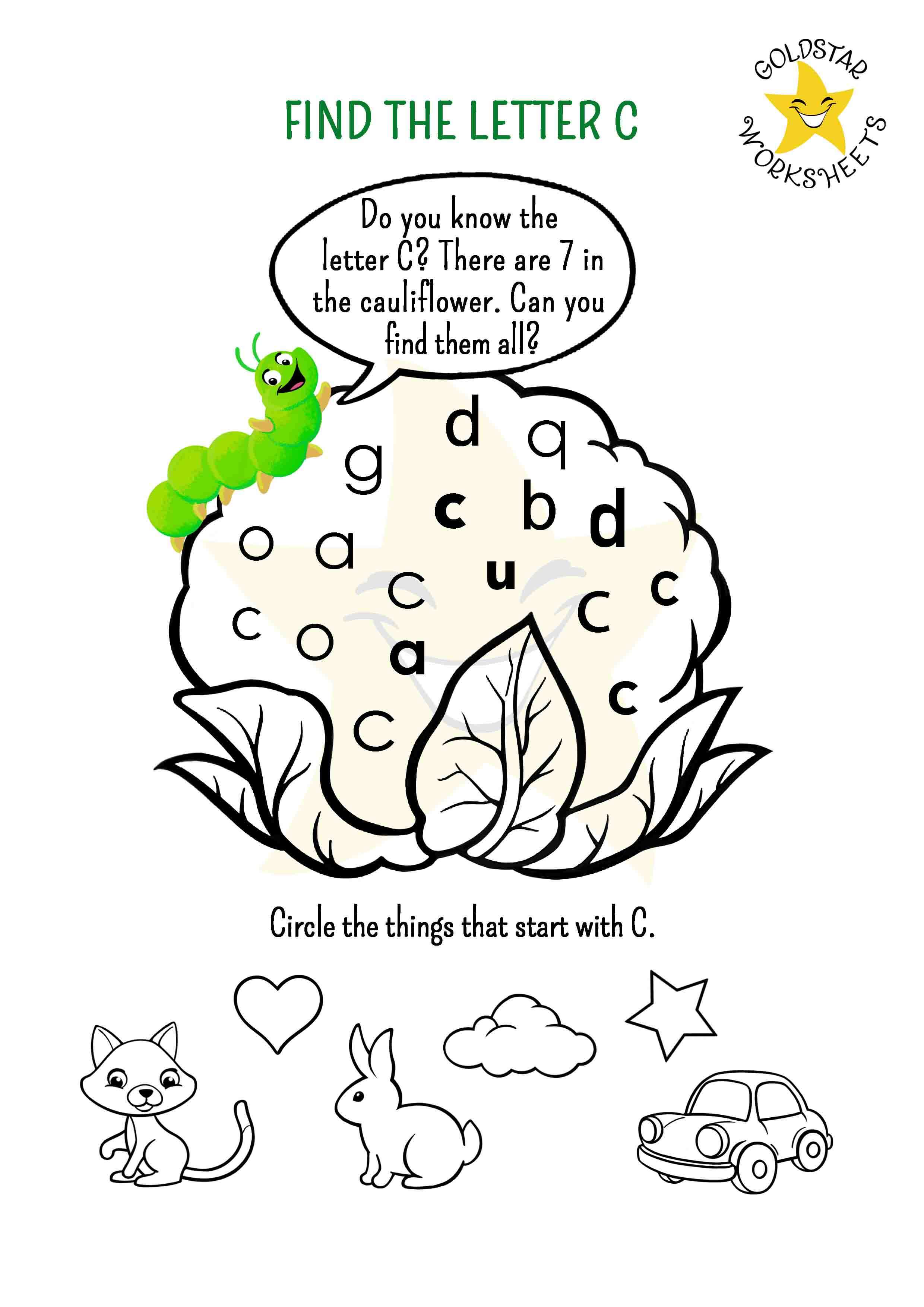 Find the Letter c with Cute Caterpillar Worksheet - Lowercase Practice