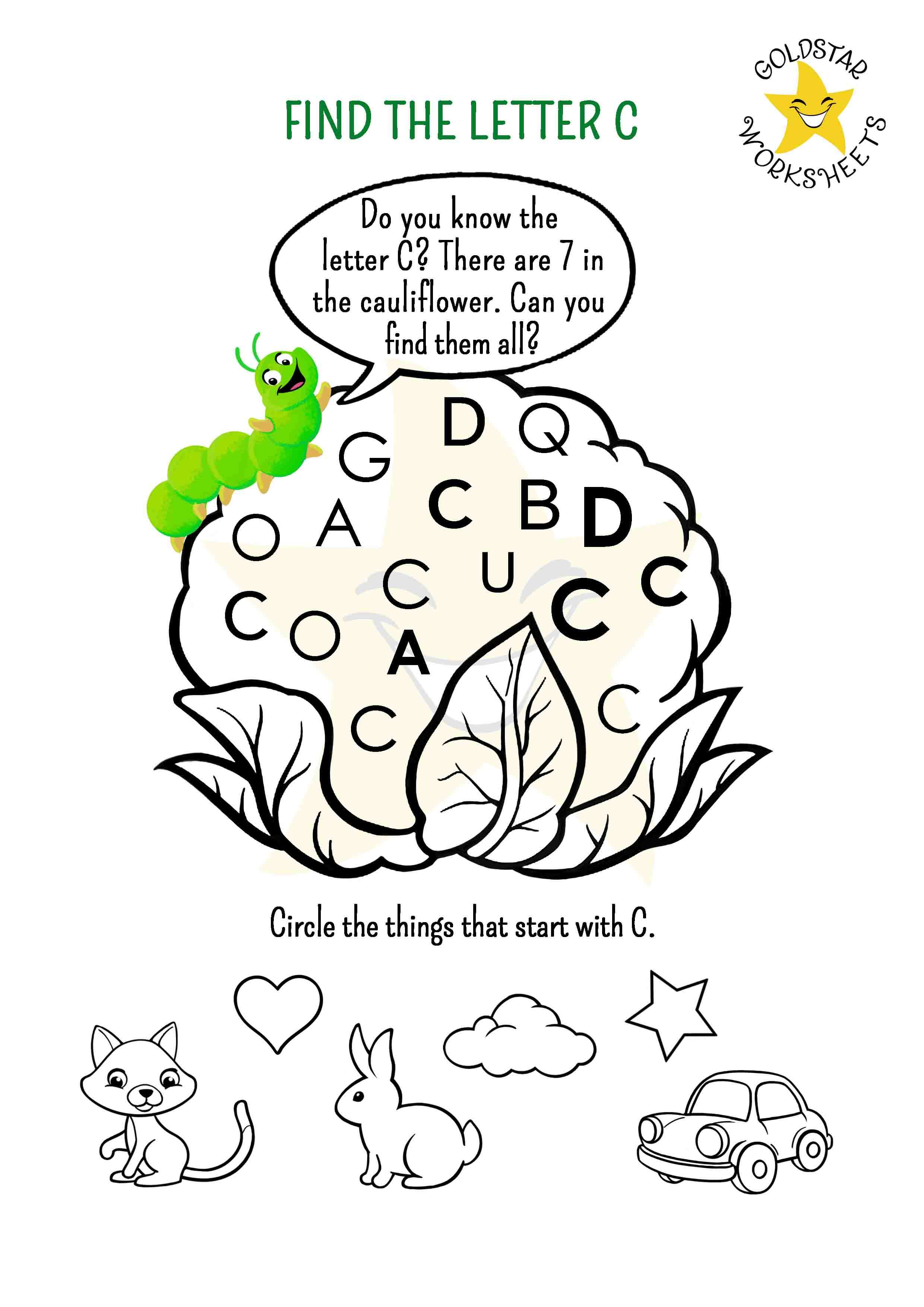 Find the Letter C with Cute Caterpillar Worksheet - Uppercase Practice