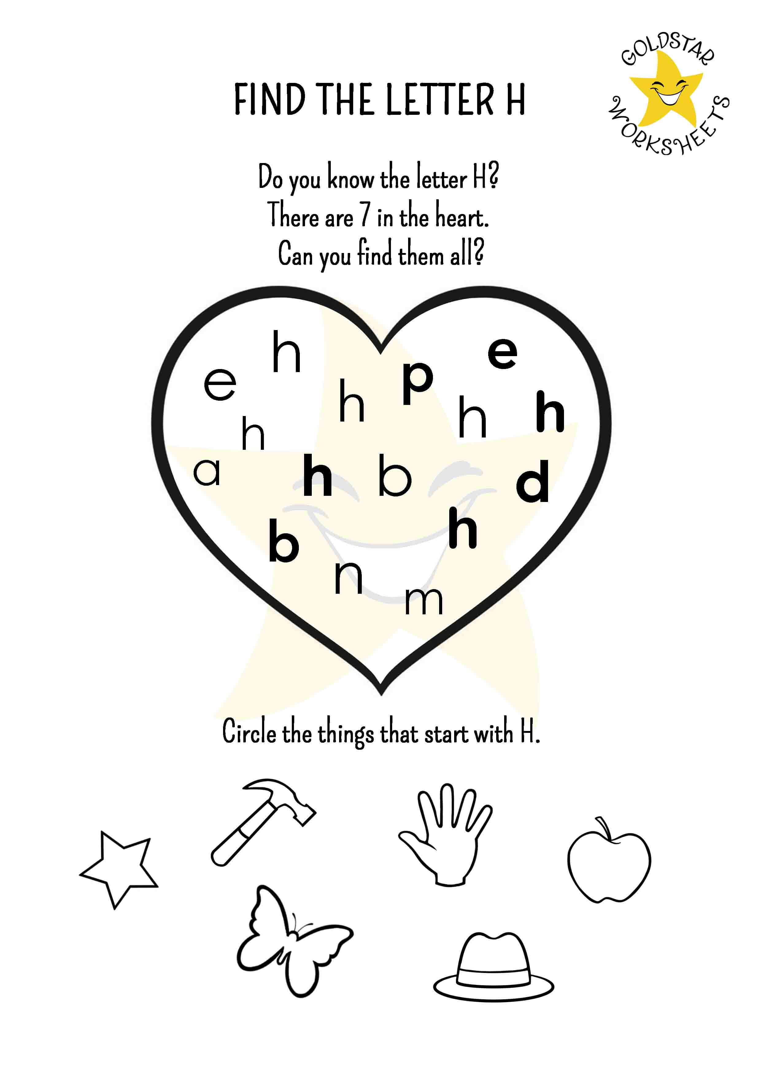Find the Letter H Worksheet - Lowercase H practice - How many can you find in the heart?