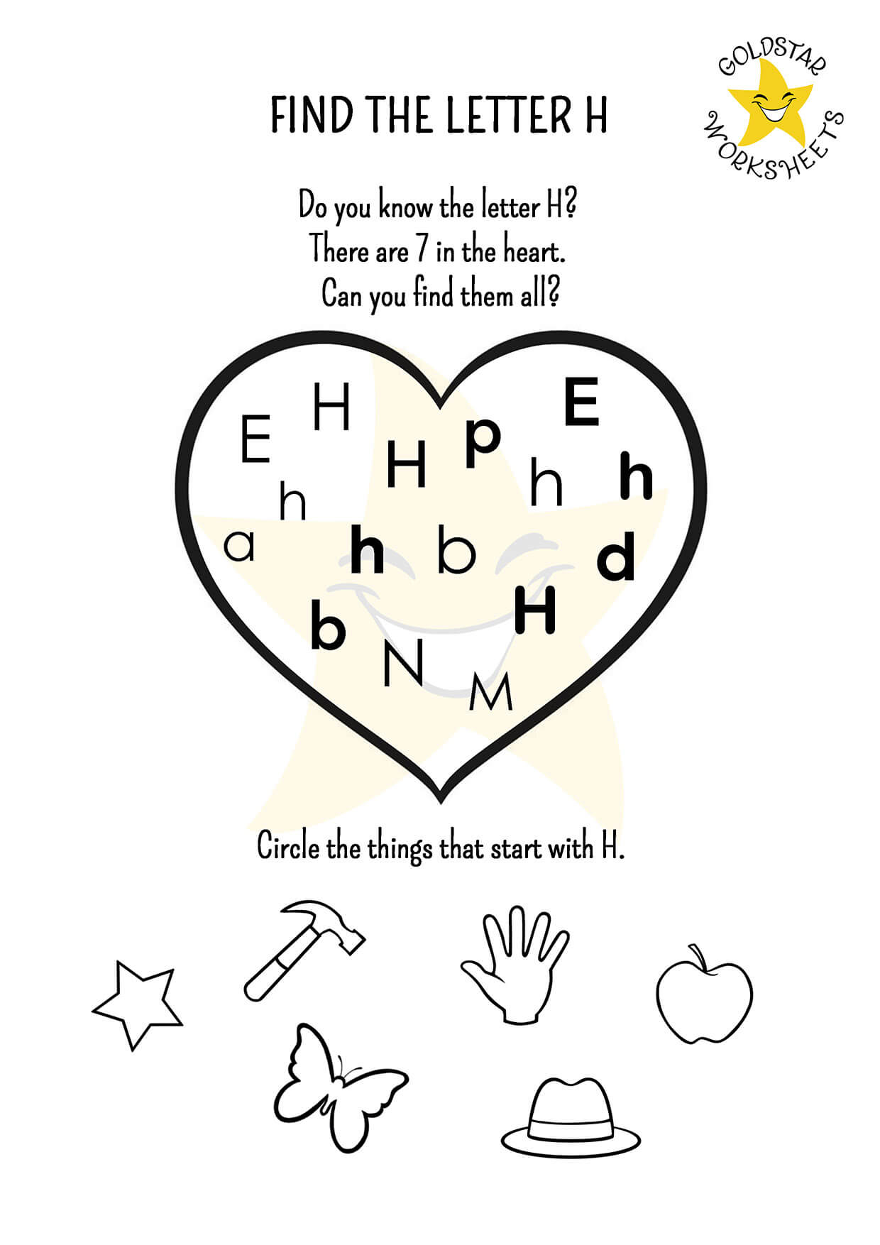 Find the Letter H Worksheet - How many can you find in the heart?