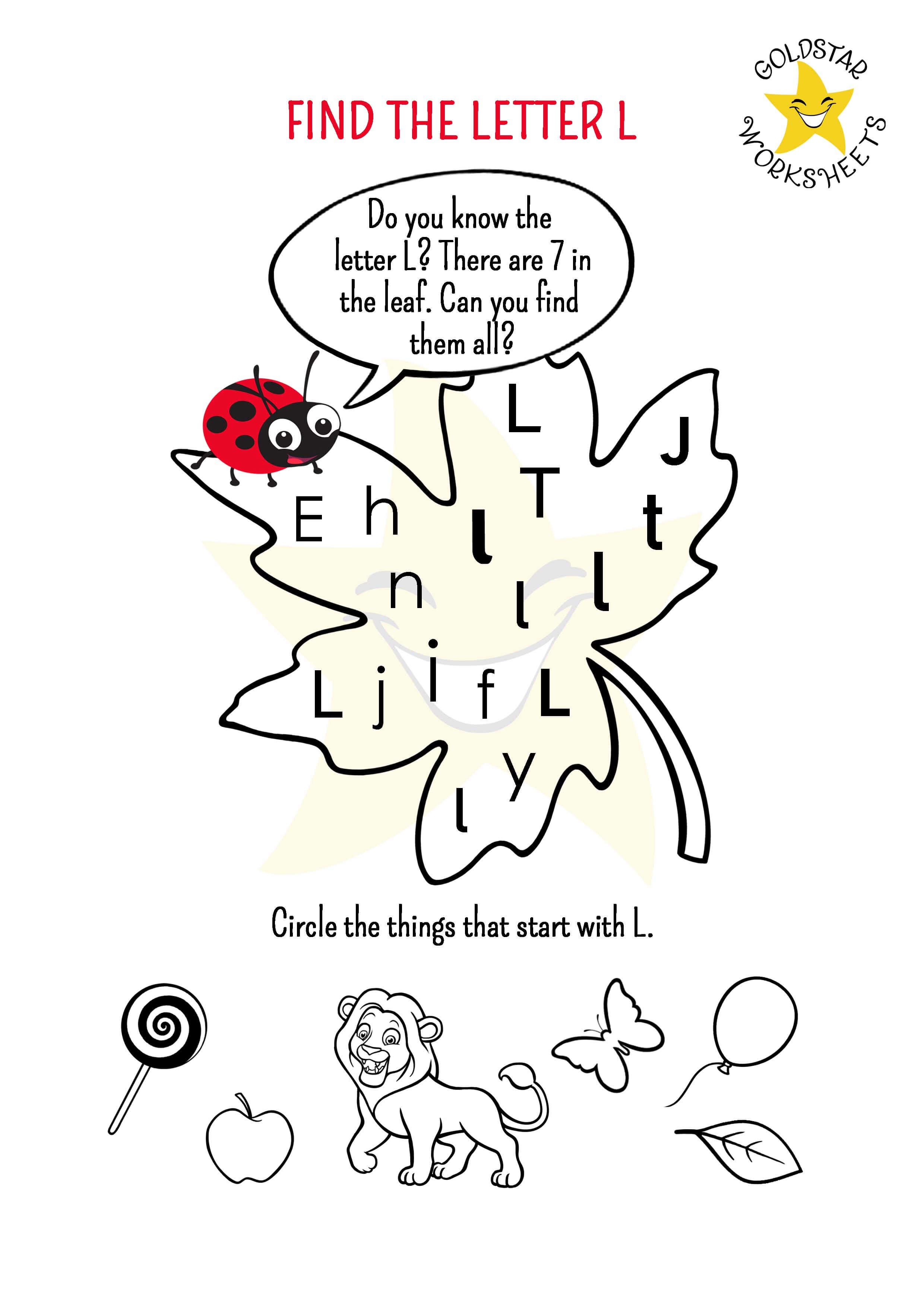 Find the Letter L Worksheet with Cute ladybug