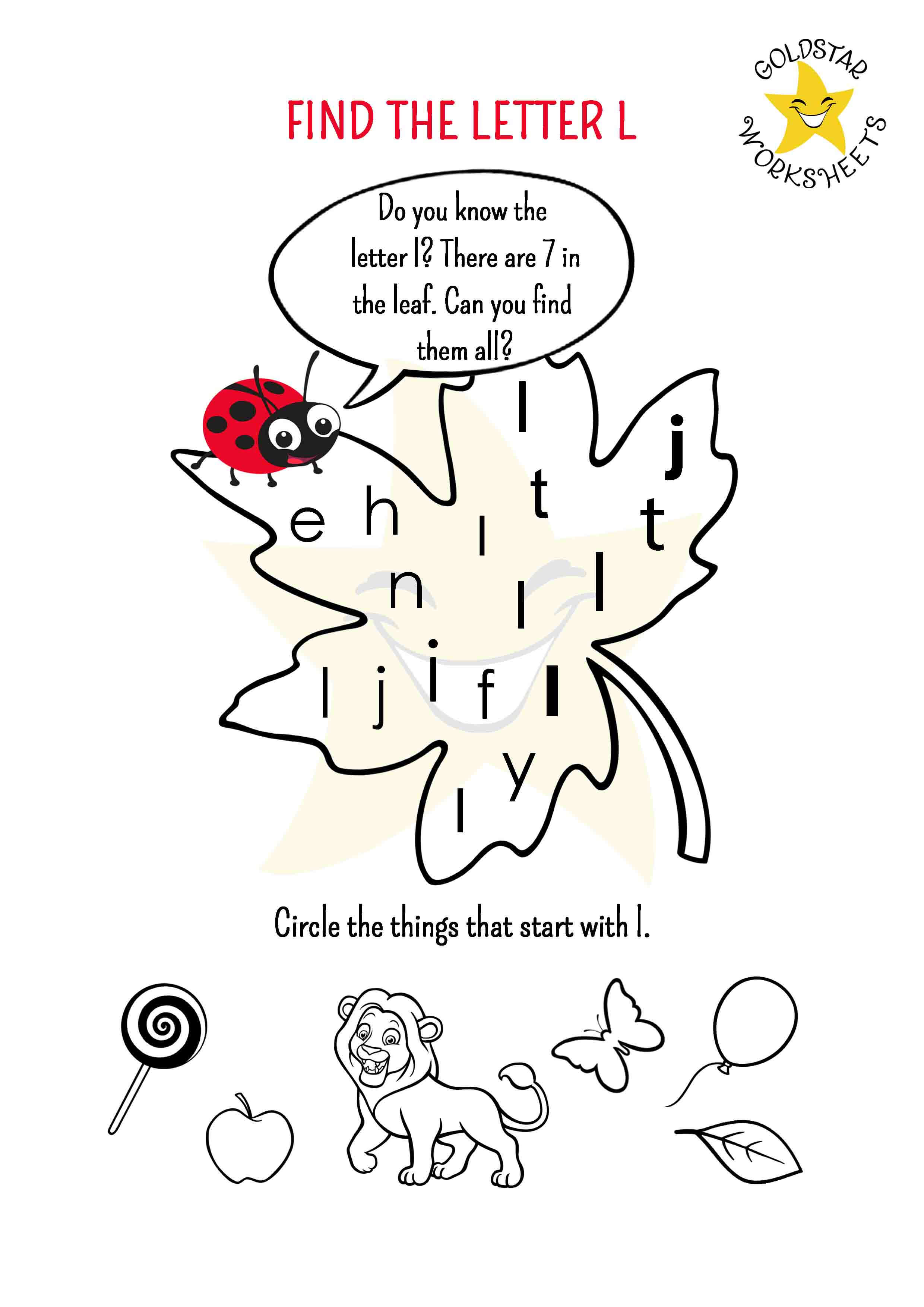 Find the Letter L Worksheet with Cute ladybug - Lowercase L Practice