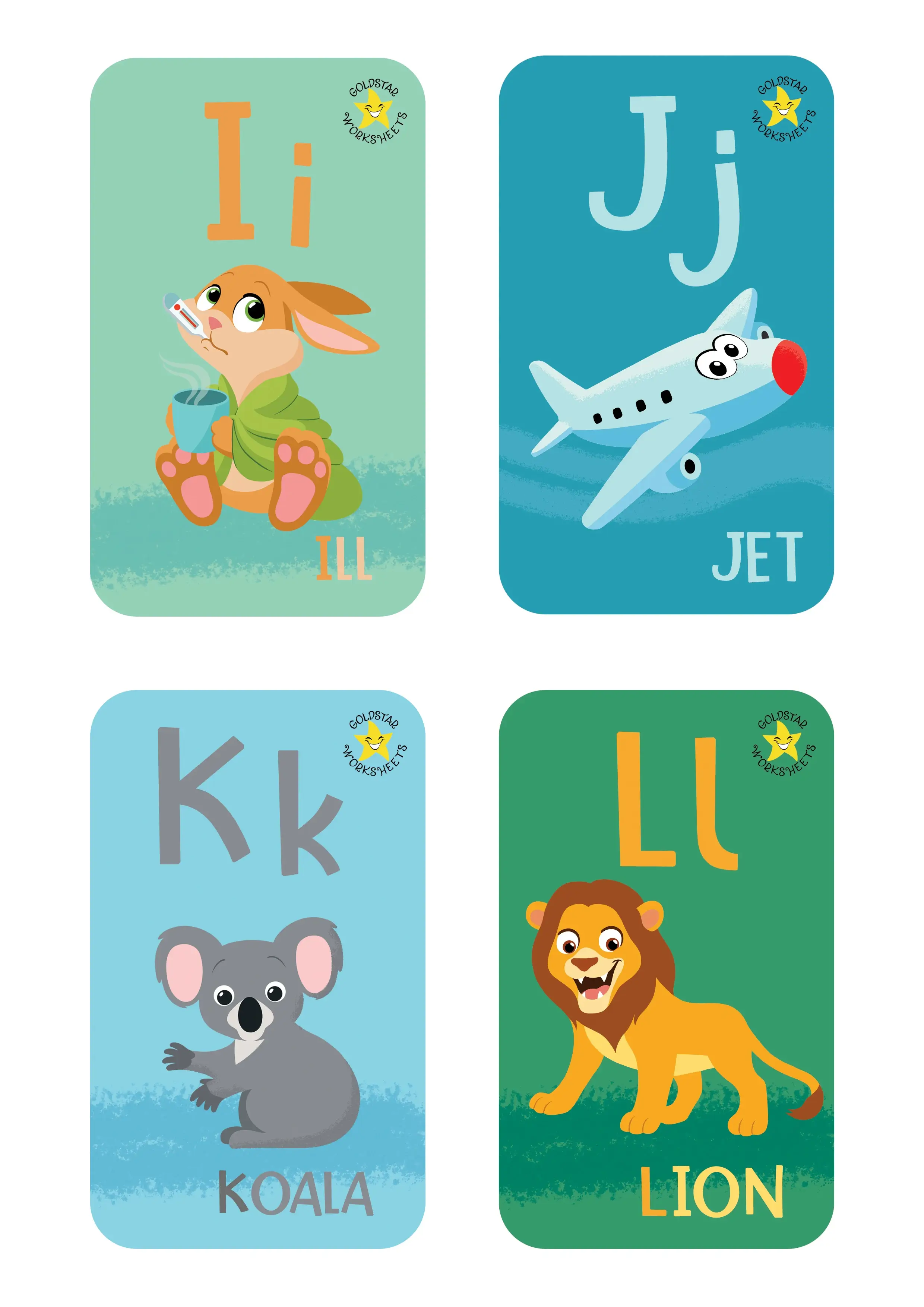 Alphabet flashcards for I-L. Showing I for Ill, J for Jet, K for Koala, and L for Lion.