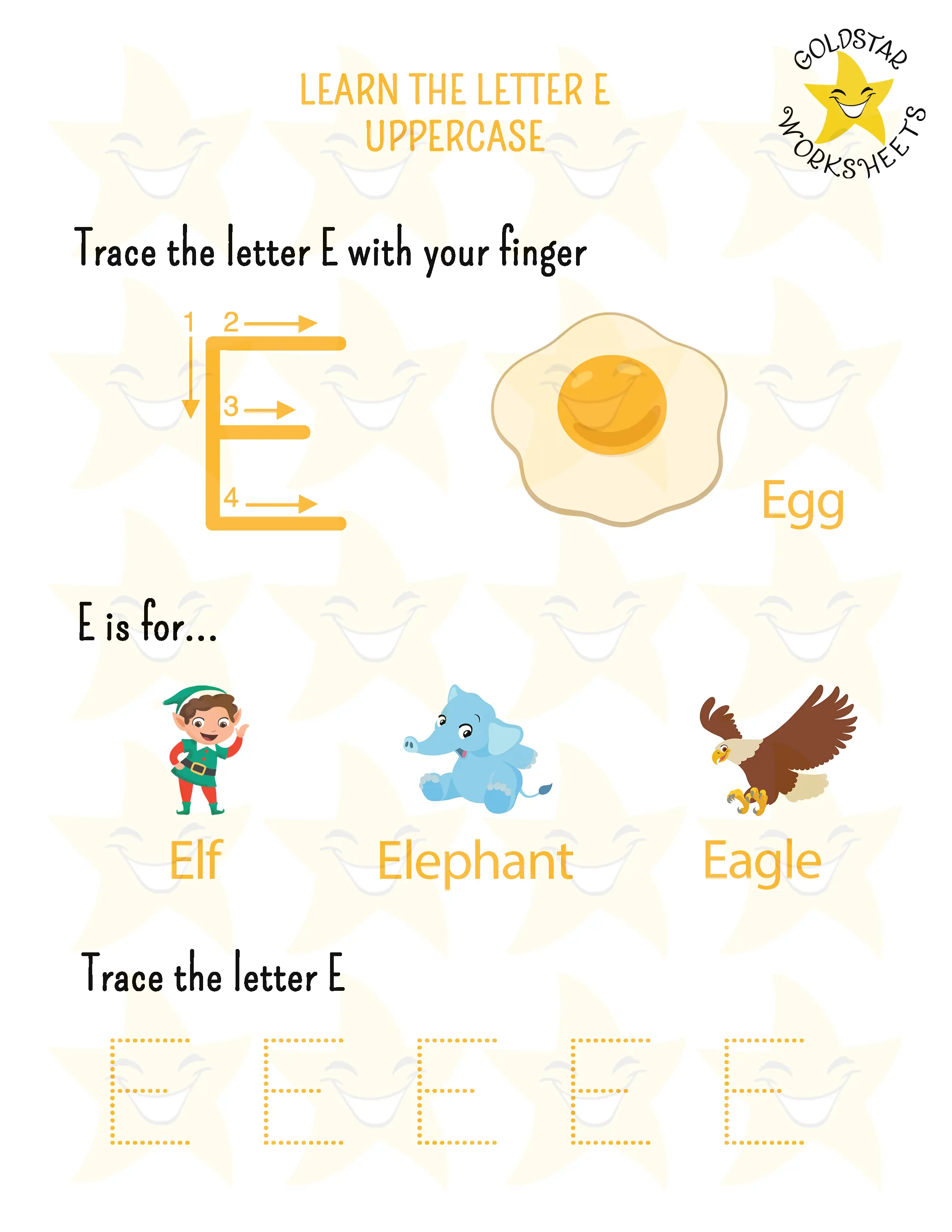 Learn the uppercase letter E worksheet