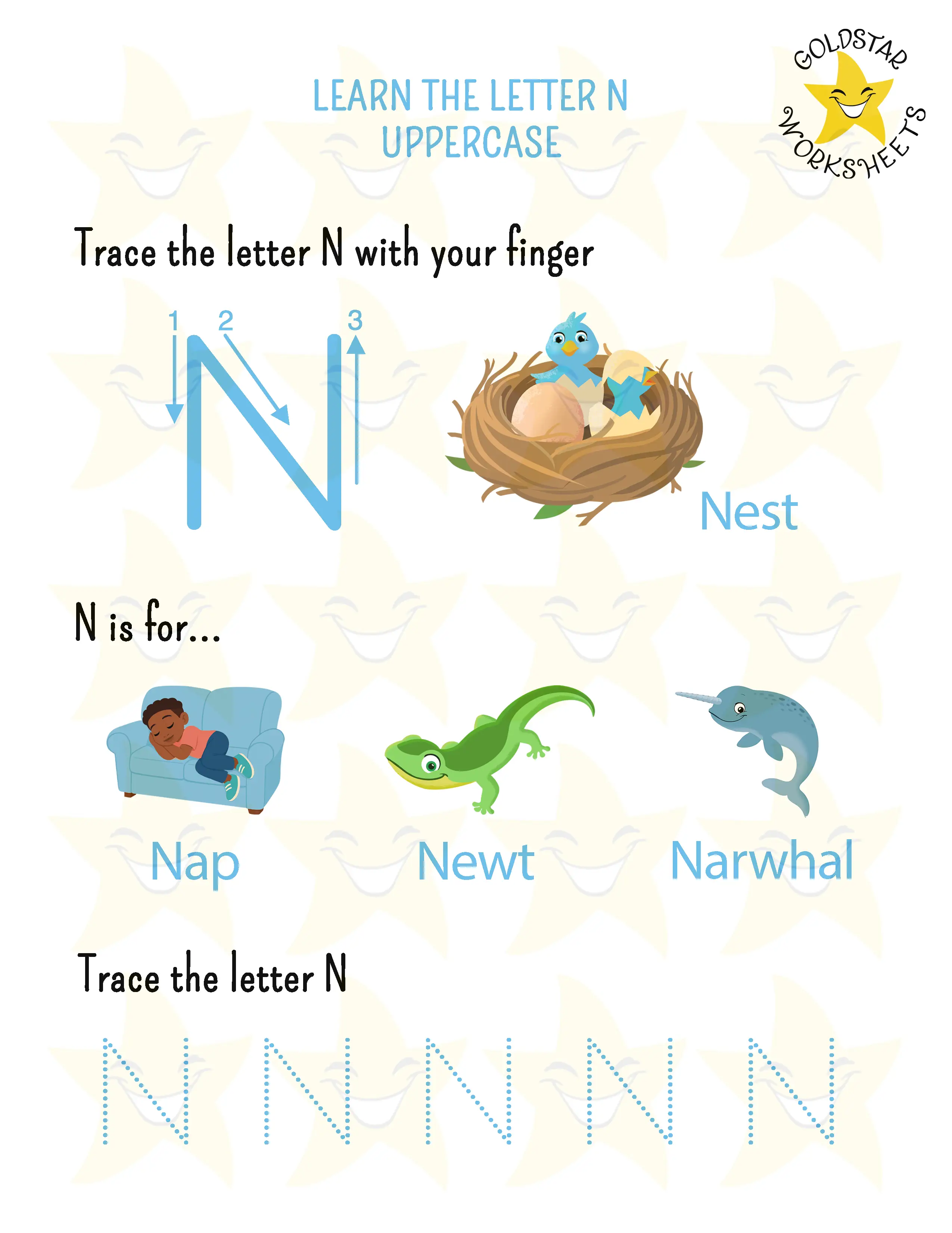 Learn the uppercase letter N worksheet