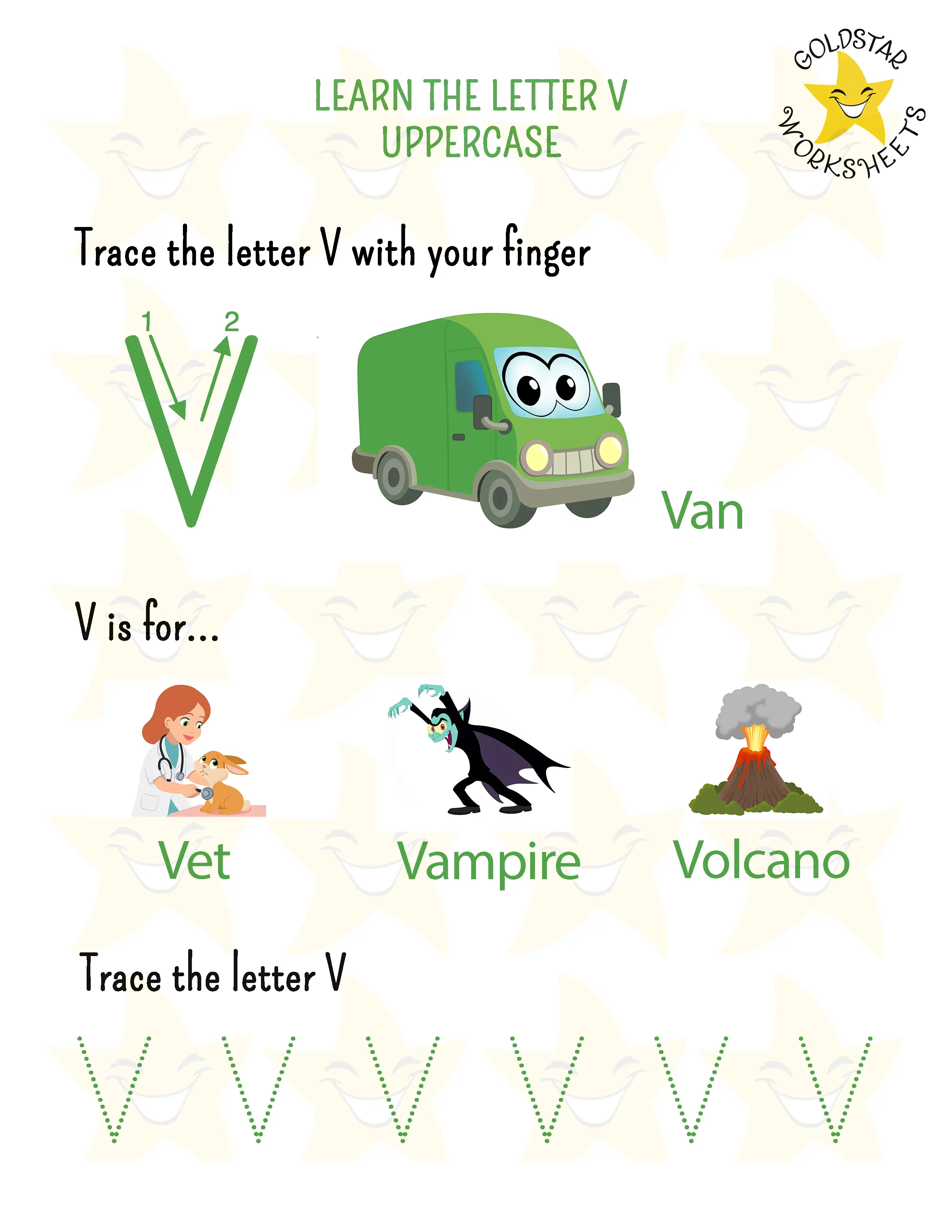 Learn the uppercase letter V worksheet
