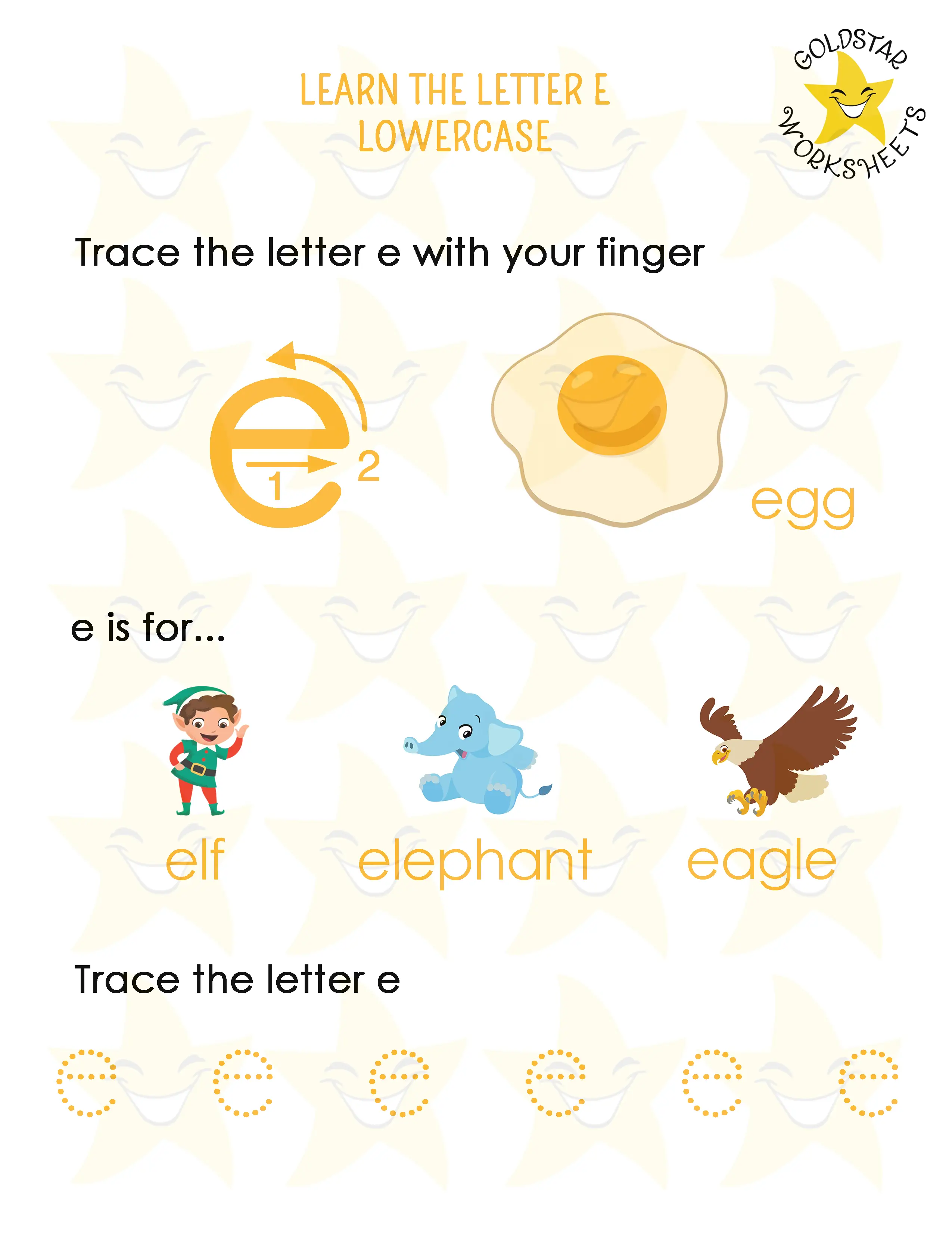 Learn the lowercase letter e worksheet