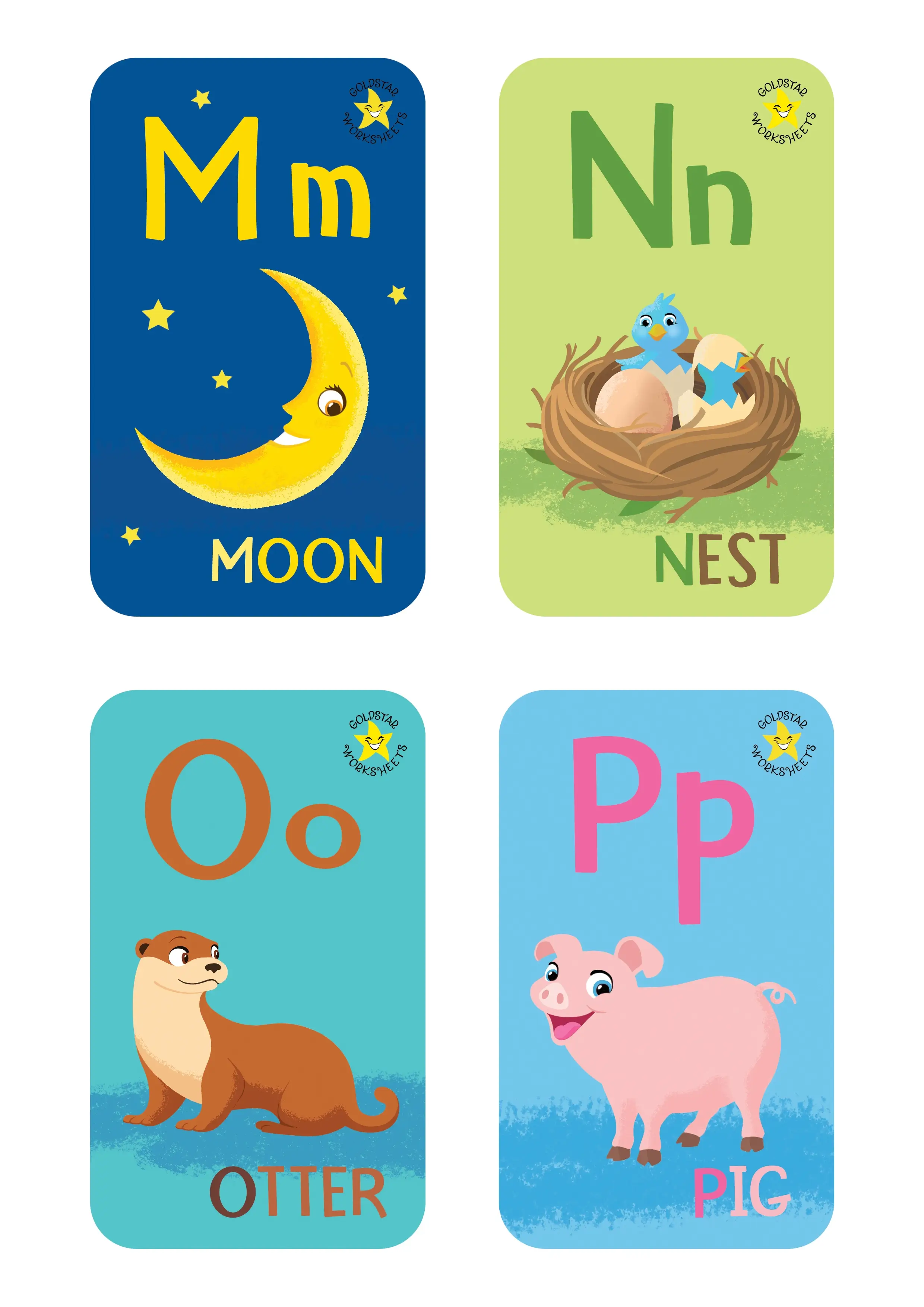 Alphabet flashcards for M-P. Showing M for Moon, N for Nest, O for Otter, and P for Pig.