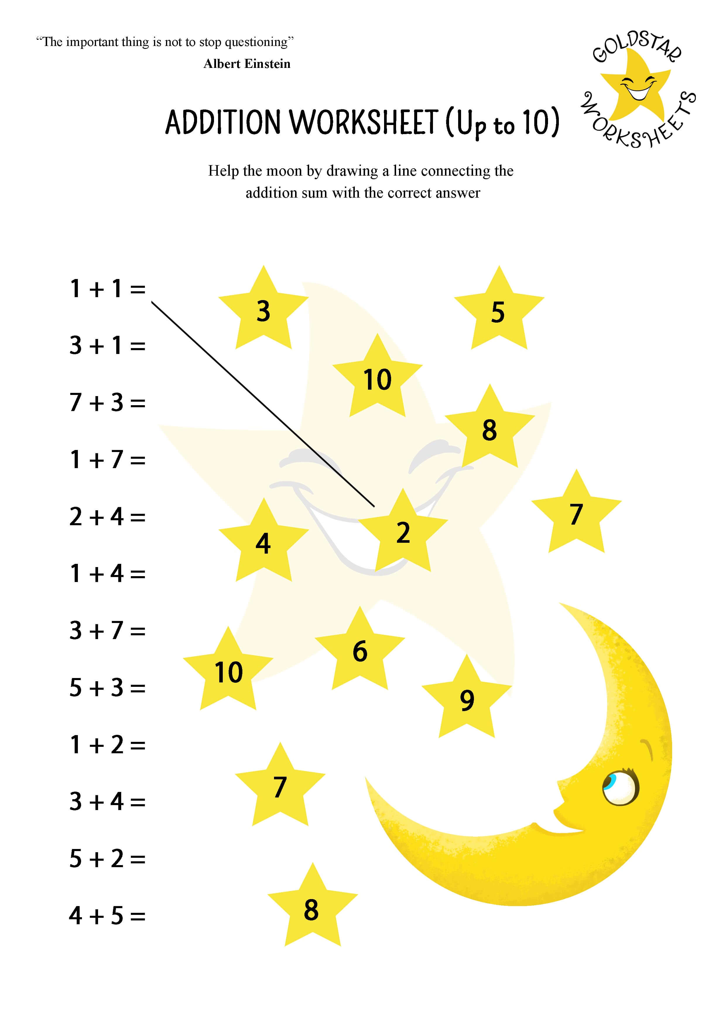 Free printable addition to 10 moon worksheet