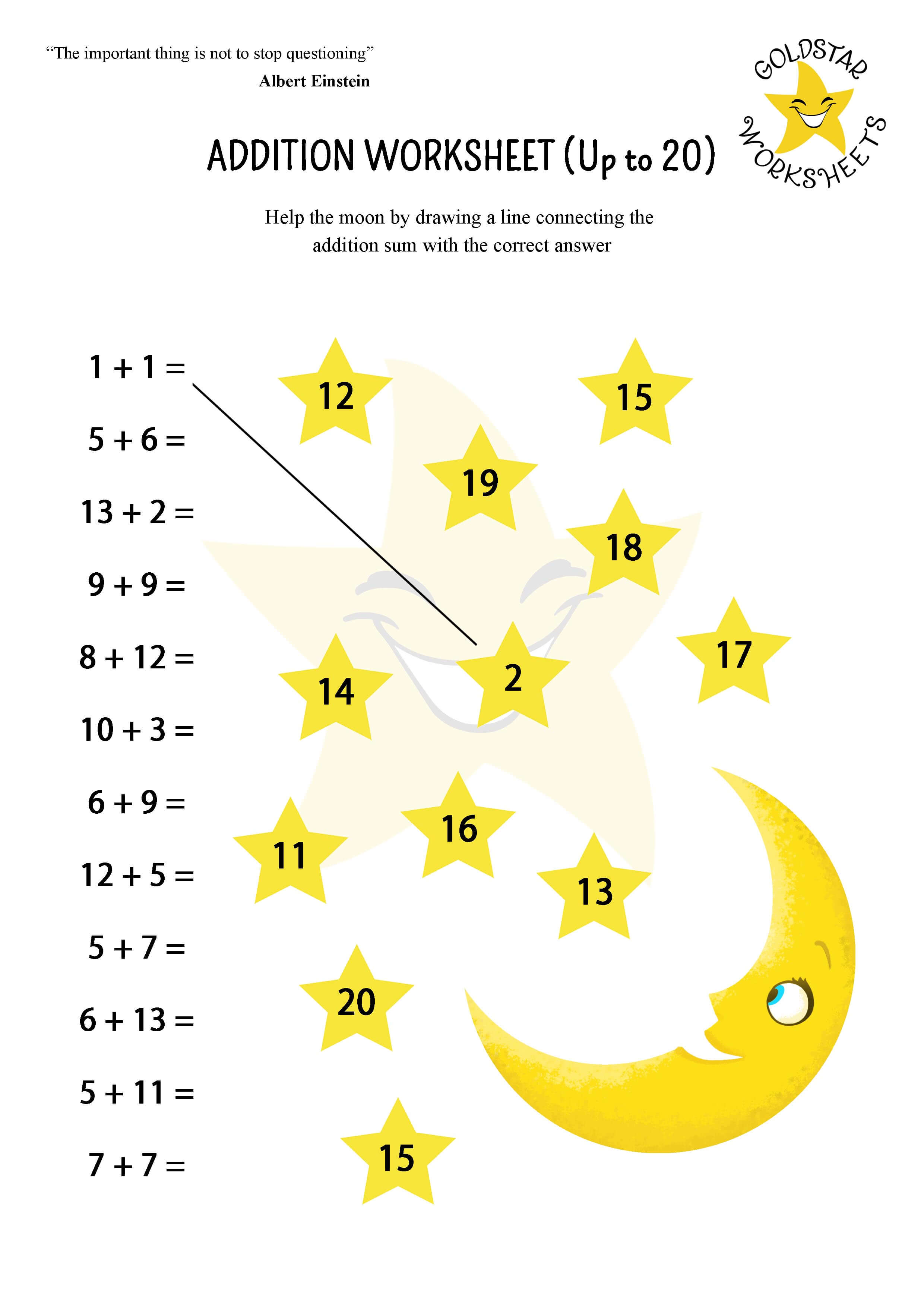 Free printable addition to 20 moon worksheet