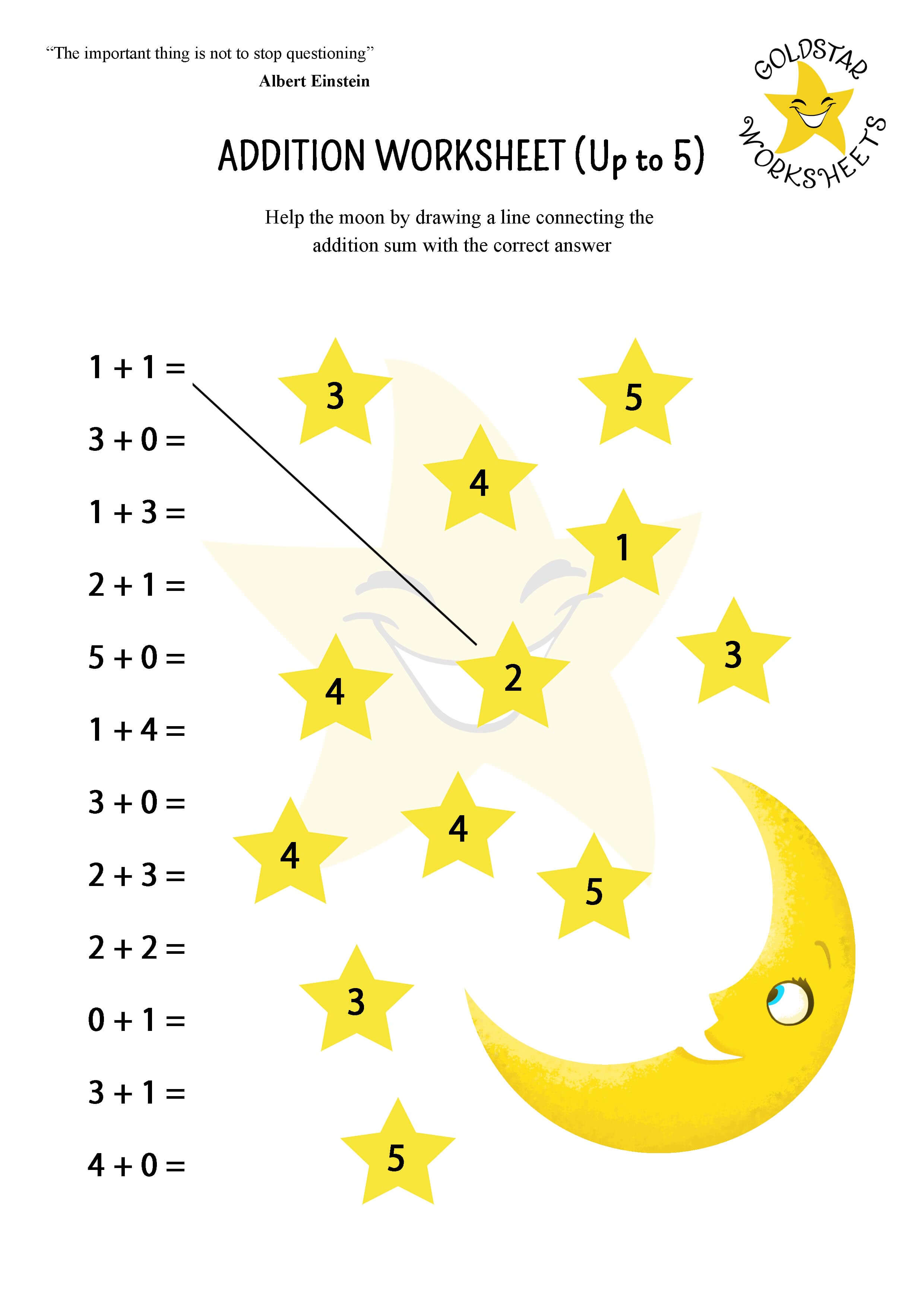 Free printable addition to 5 moon worksheet