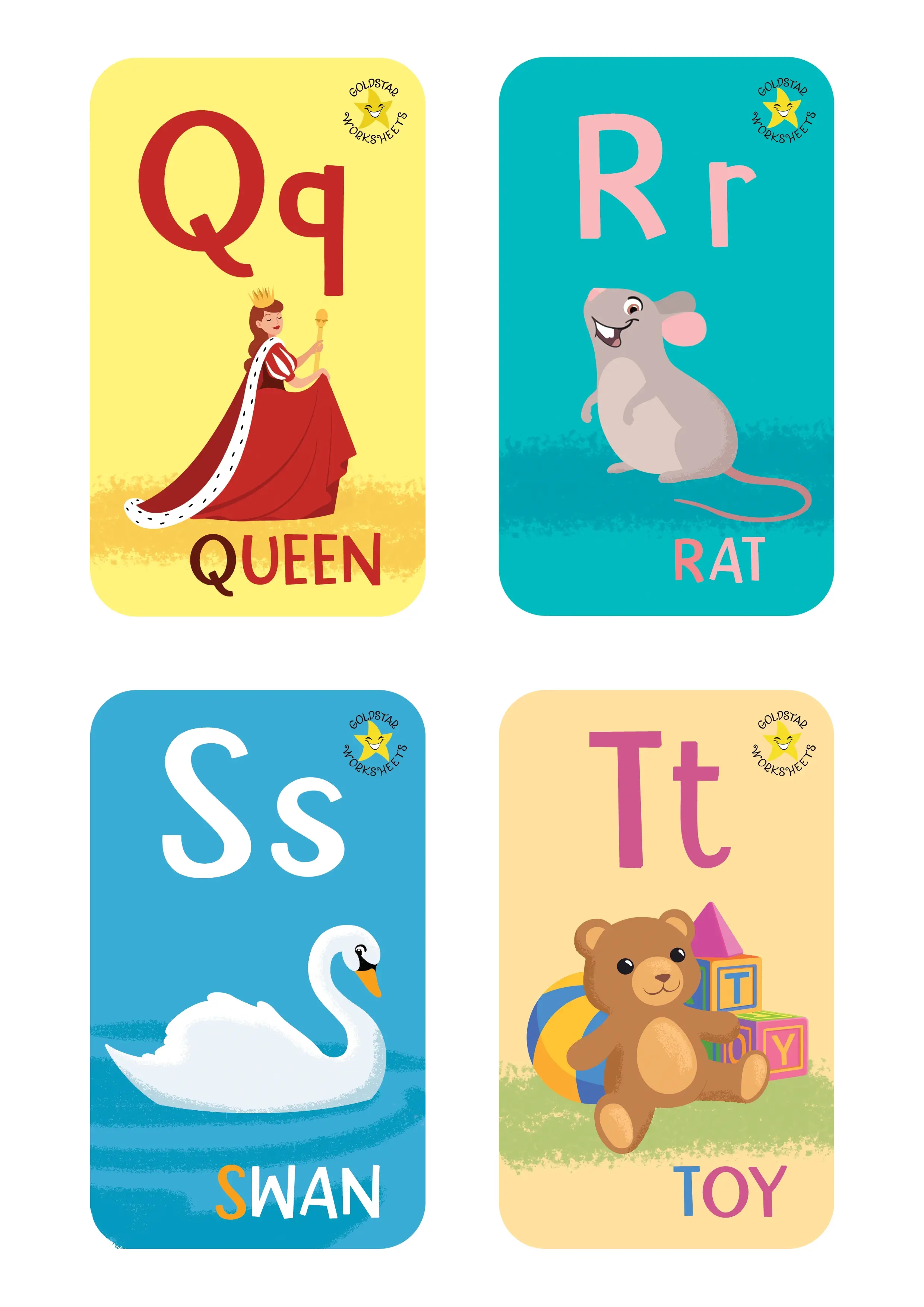 Alphabet flashcards for Q-T. Showing Q for Queen, R for Rat, S for Swan, and T for Toy.