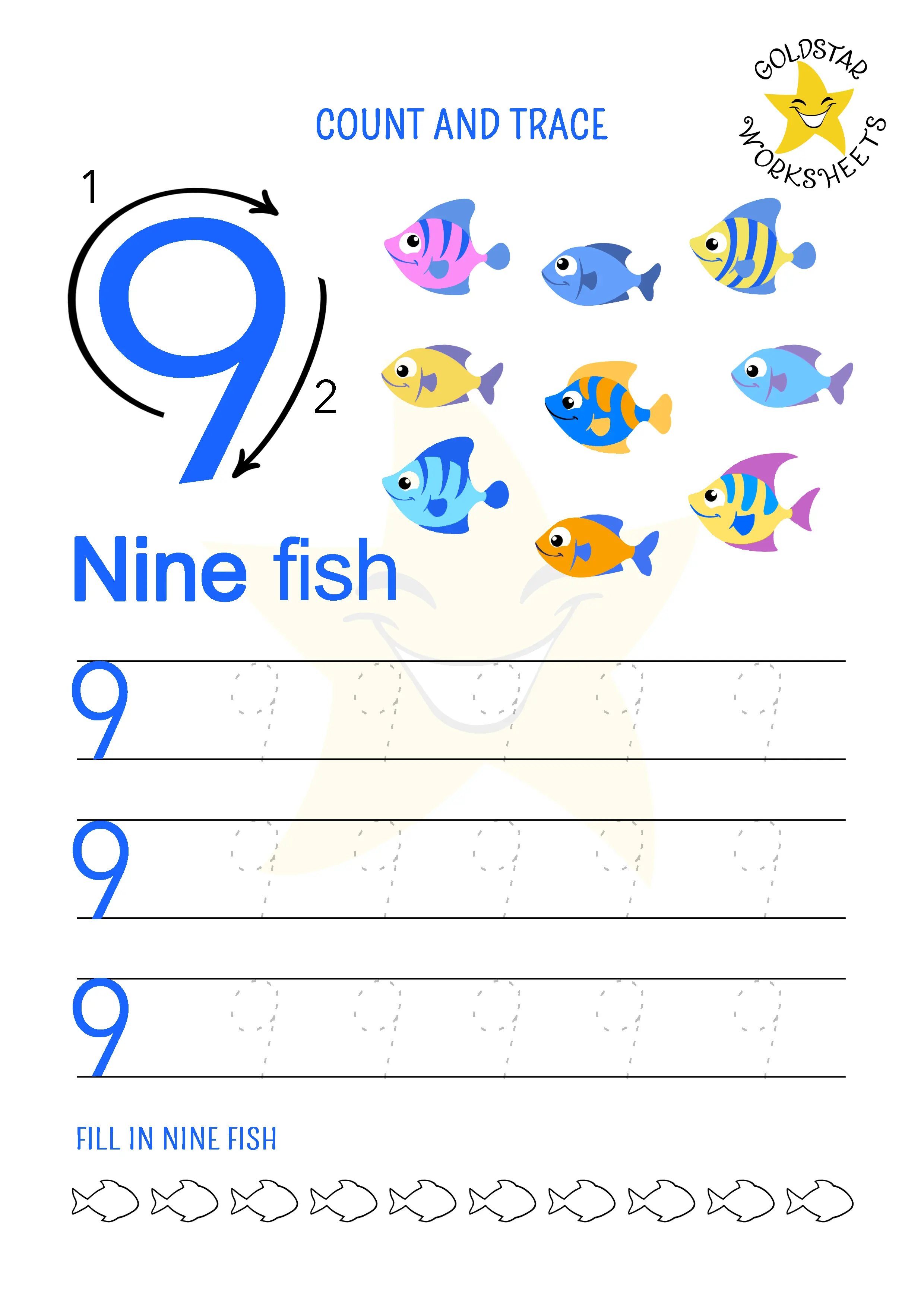 Number 9 tracing worksheet to practice handwriting. This version uses a less curved 9.