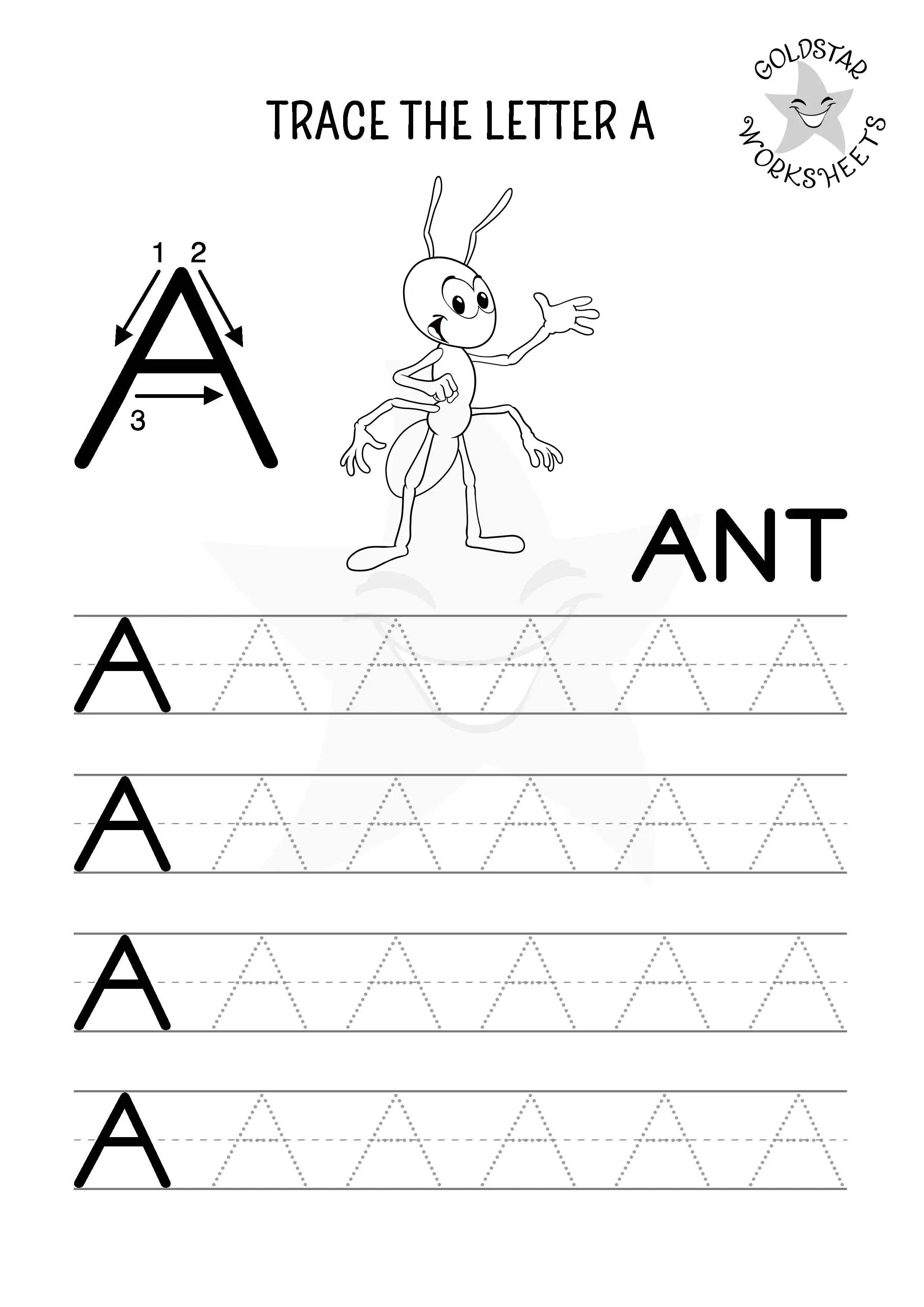 Letter A Uppercase Tracing Worksheet with Friendly Ant - Black and White for Kids to Color in