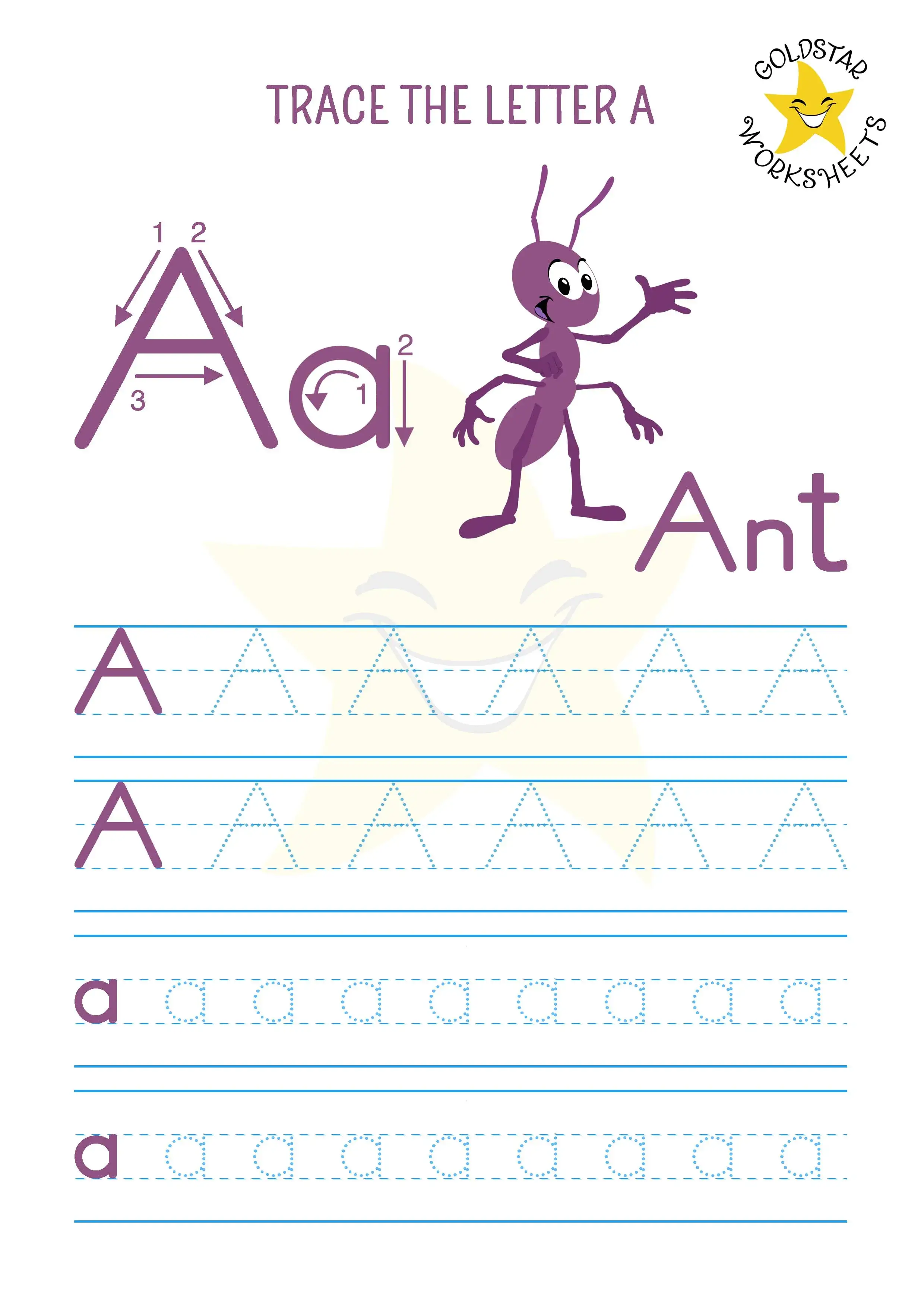 Mixed case letter A tracing worksheet with friendly ant