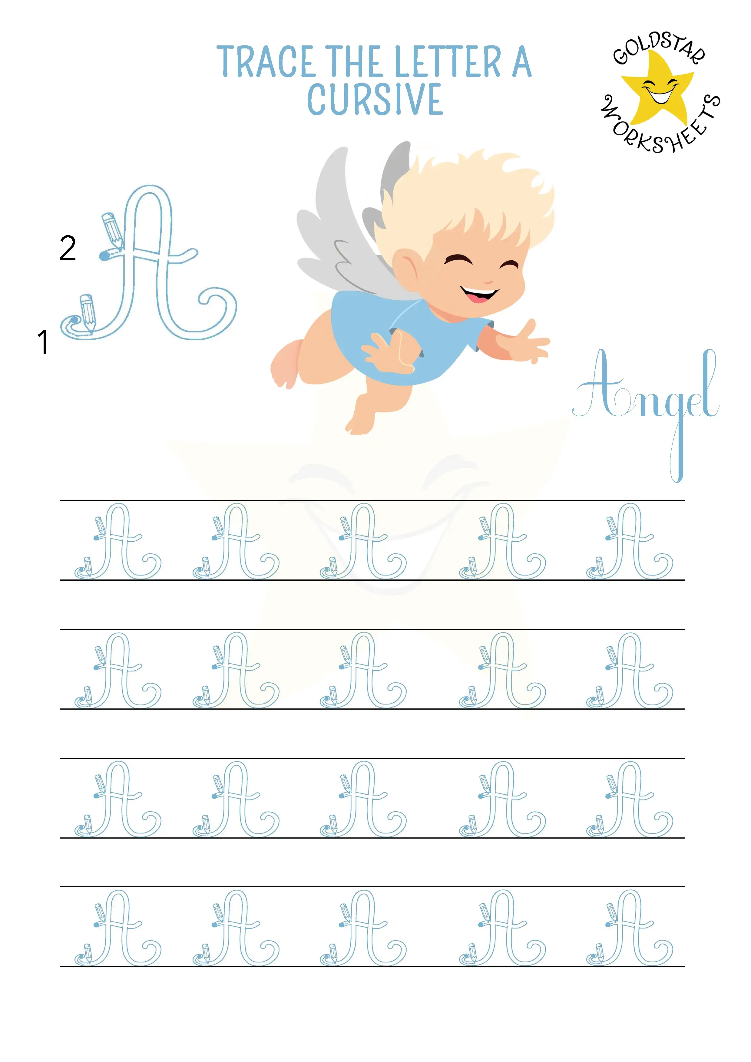 Uppercase cursive letter A tracing worksheet featuring a cute angel. Free printable for 2nd and 3rd grade kids kids to practice cursive handwriting. 4 rows of big a writing with stroke order and arrows.