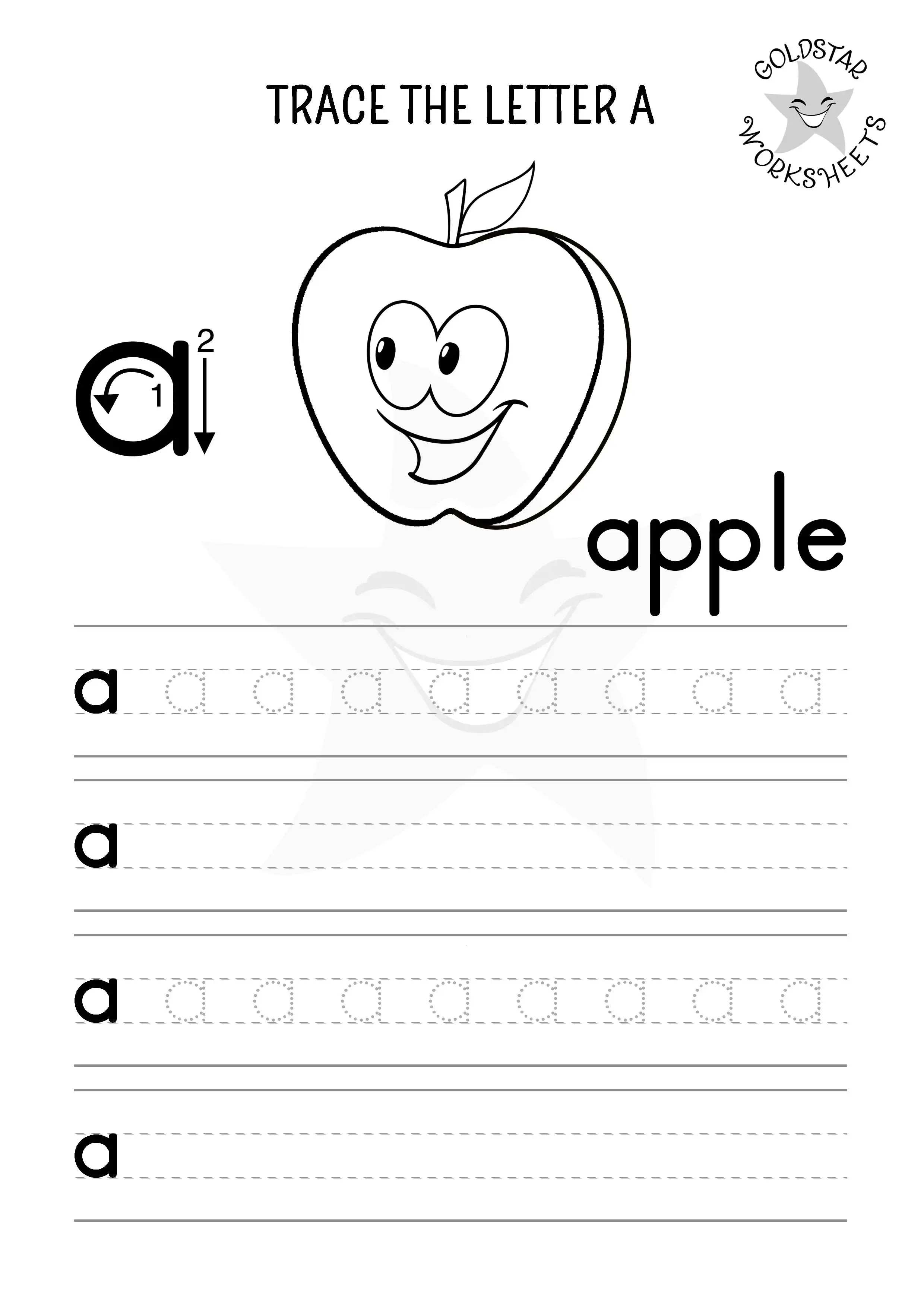 Lowercase letter a tracing, writing, and coloring worksheet. A for apple.