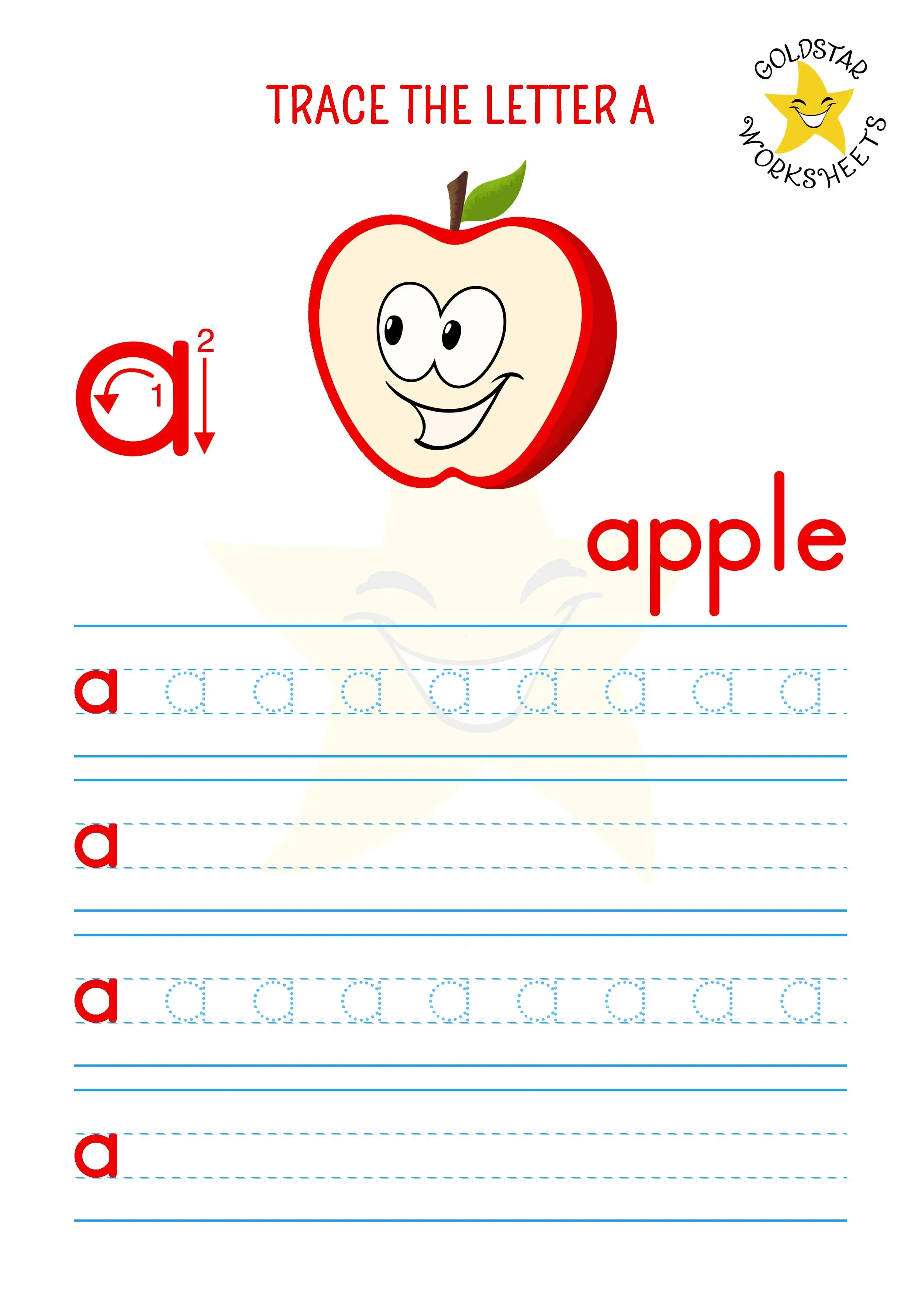 Lowercase letter a trace and write worksheet. A for apple
