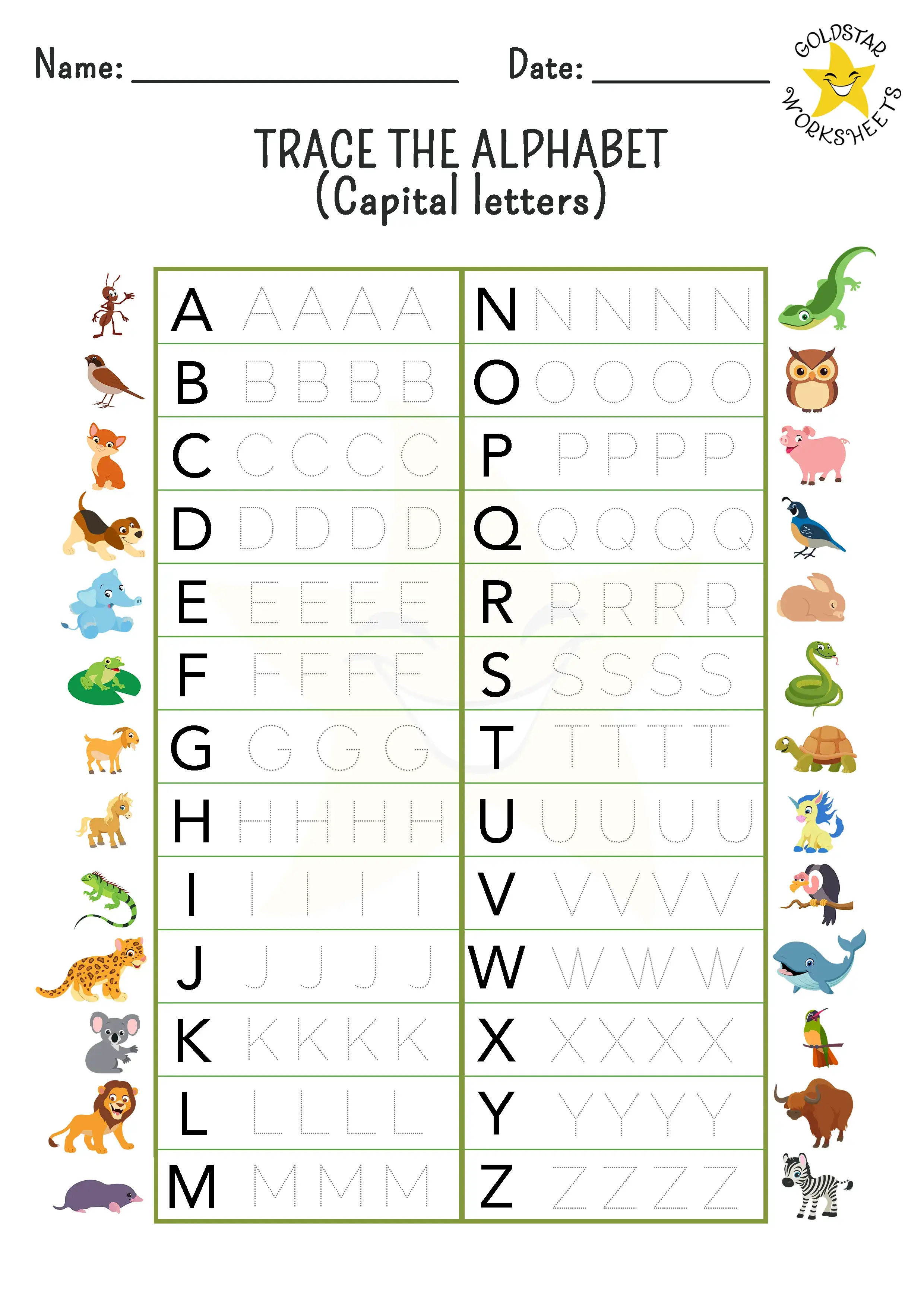 A-Z capital letter tracing worksheet in PDF - fun alphabet tracing with cute animal designs. This free PDF letter writing sheet is suitable for preschool and kindergarten.