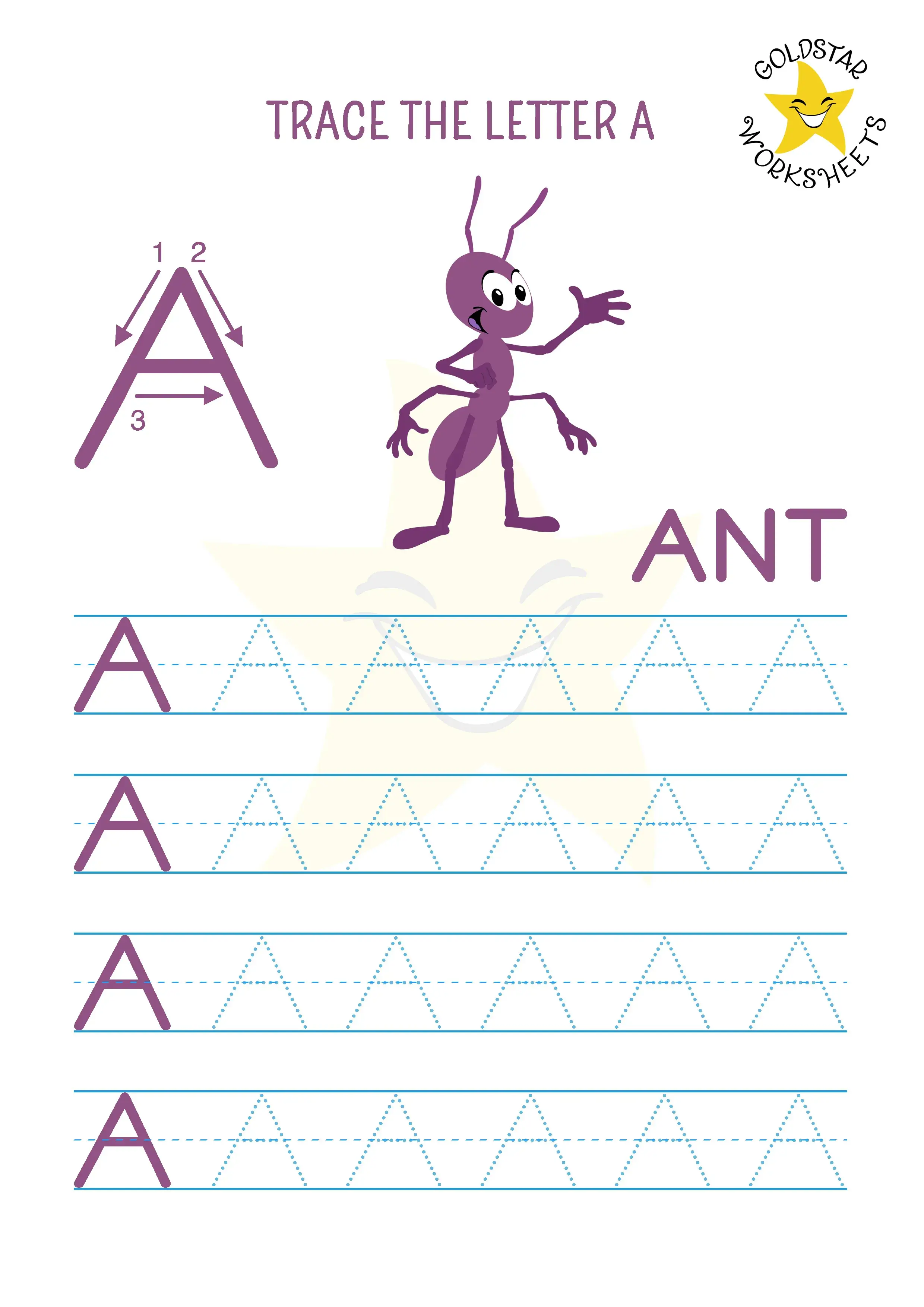 Letter A Uppercase Tracing Worksheet with Friendly Ant