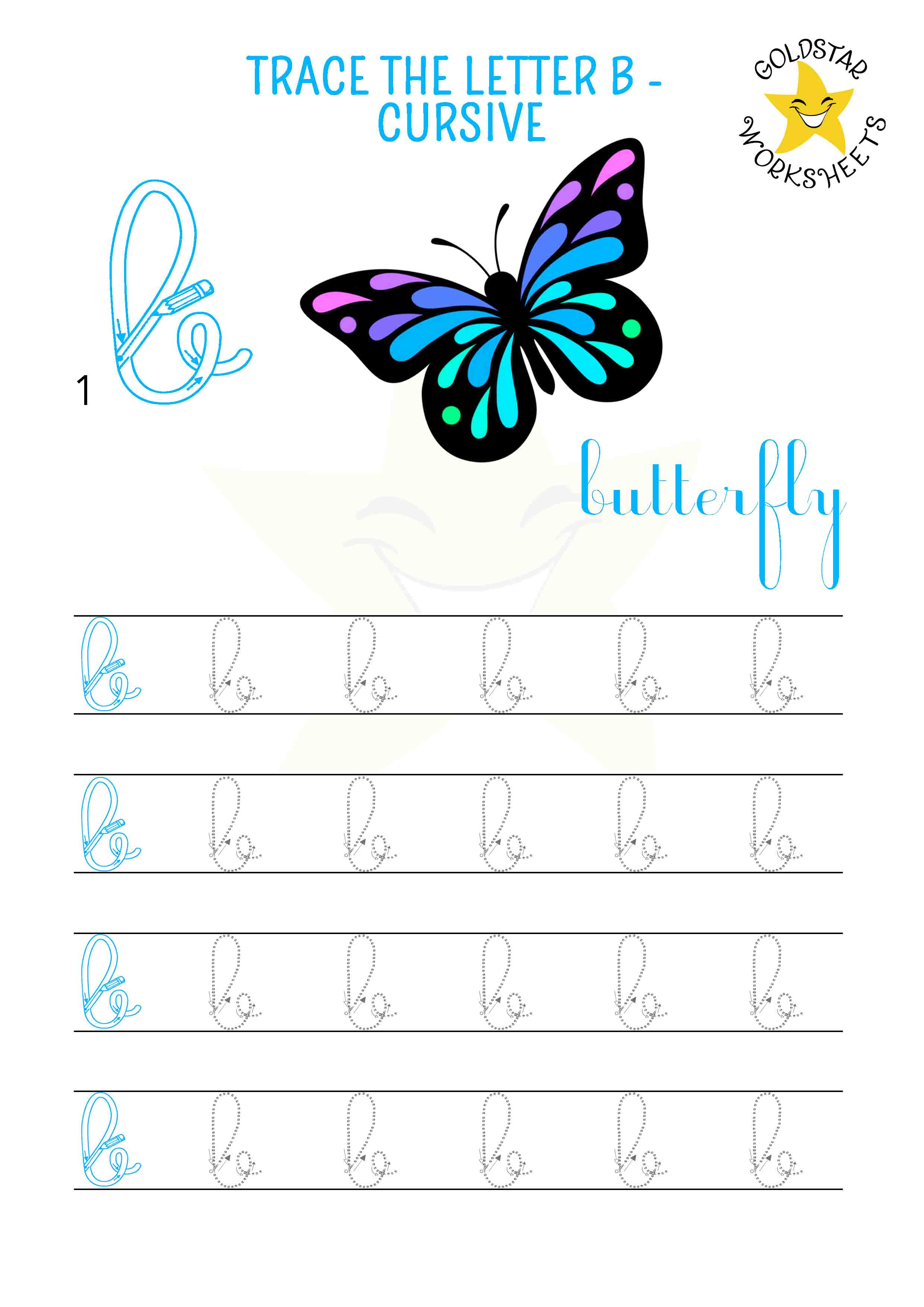 Lowercase cursive letter b tracing worksheet featuring a beautiful butterfly. Free and printable for kids' handwriting practice. 4 rows of small b writing with stroke order guide and directional arrows.