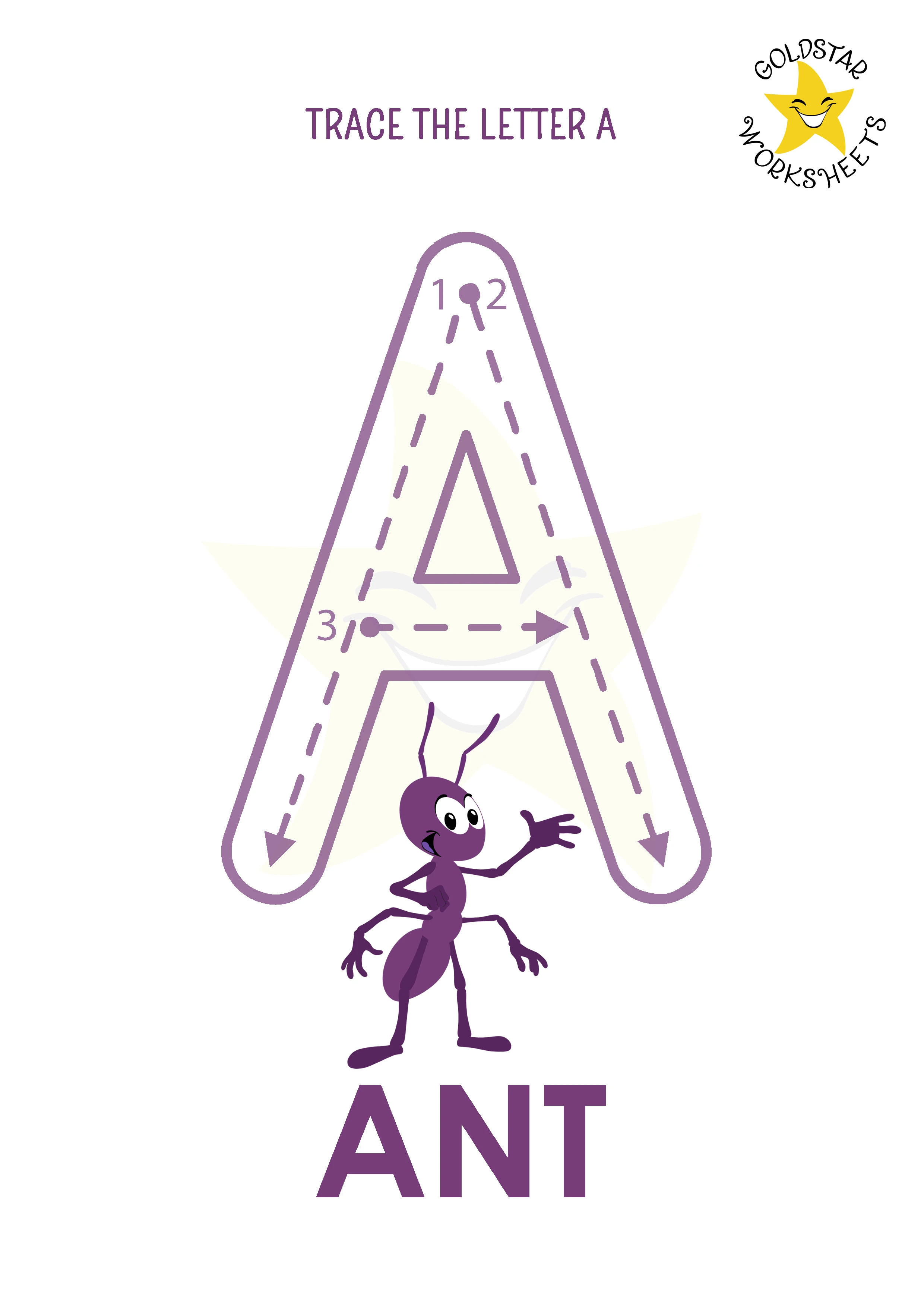 A: Big letter A tracing worksheet with ant illustration