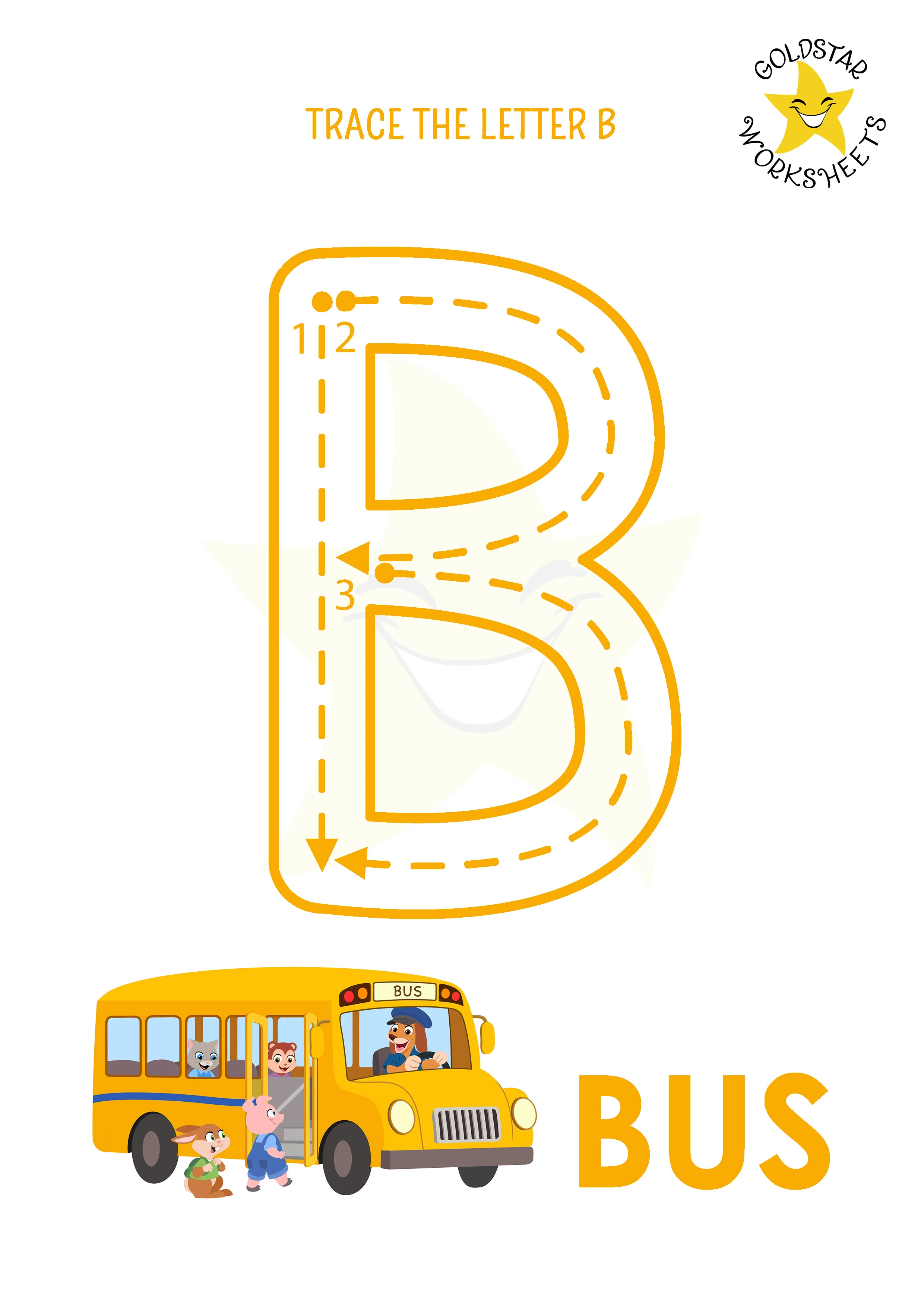 B: Big letter B tracing worksheet with bus illustration