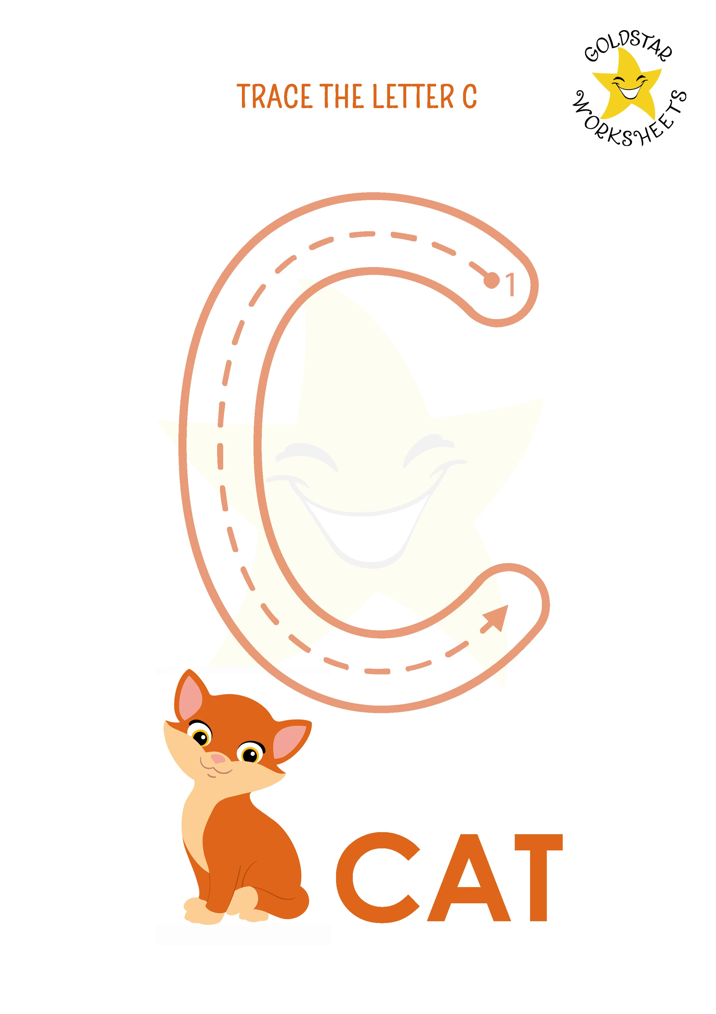 C: Big letter C tracing worksheet with cat illustration
