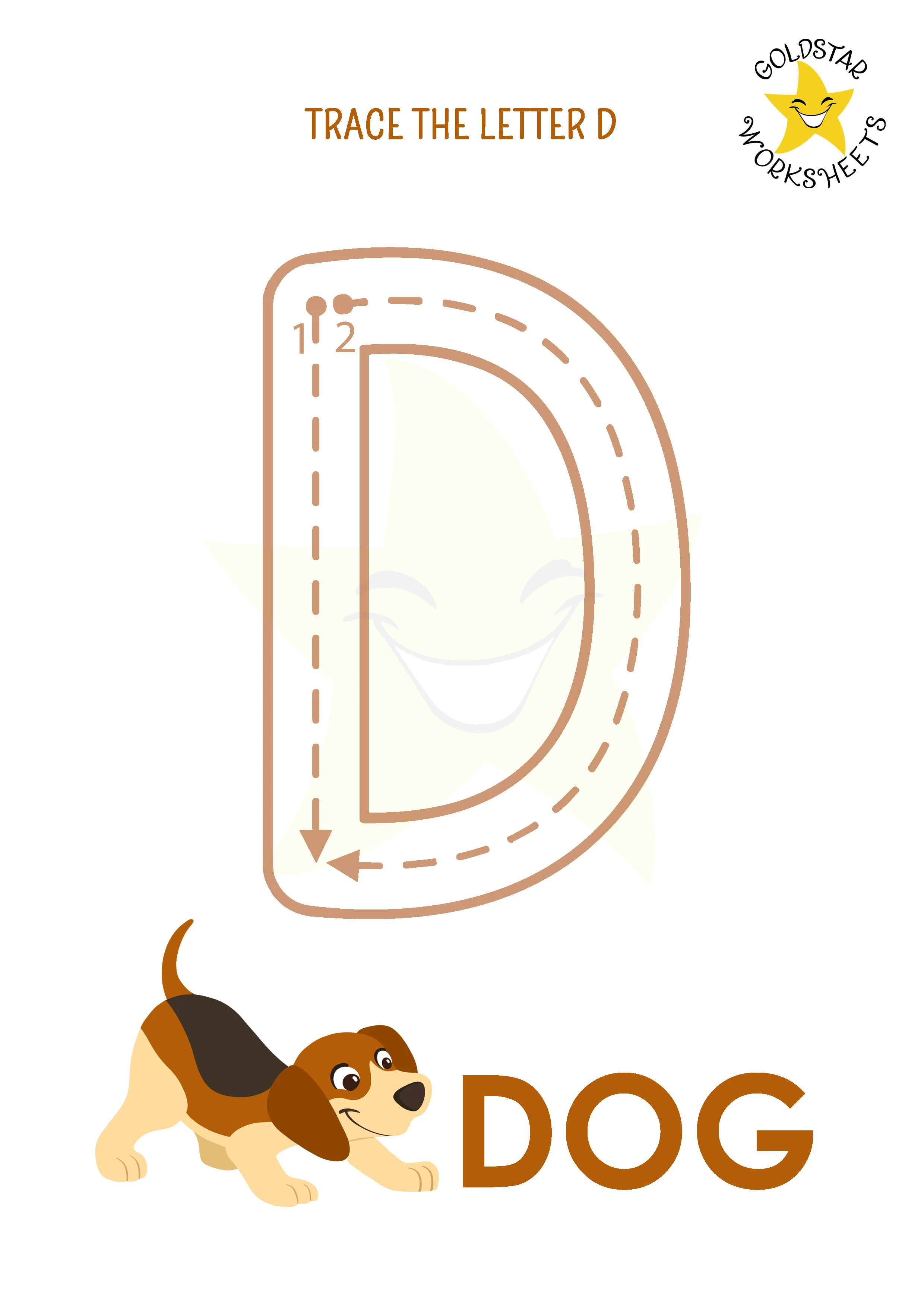 D: Big letter D tracing worksheet with dog illustration