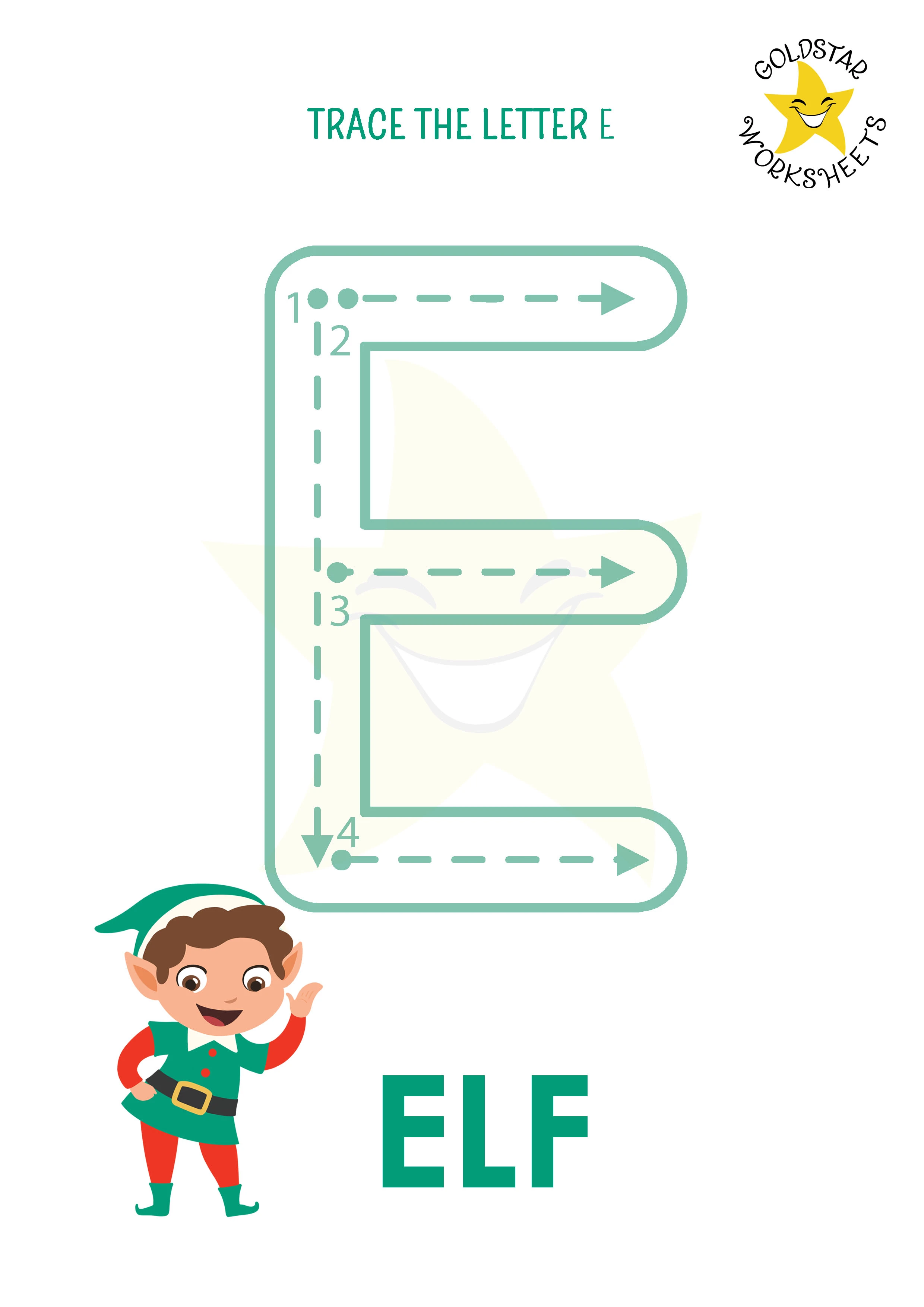 E: Big letter E tracing worksheet with elf illustration