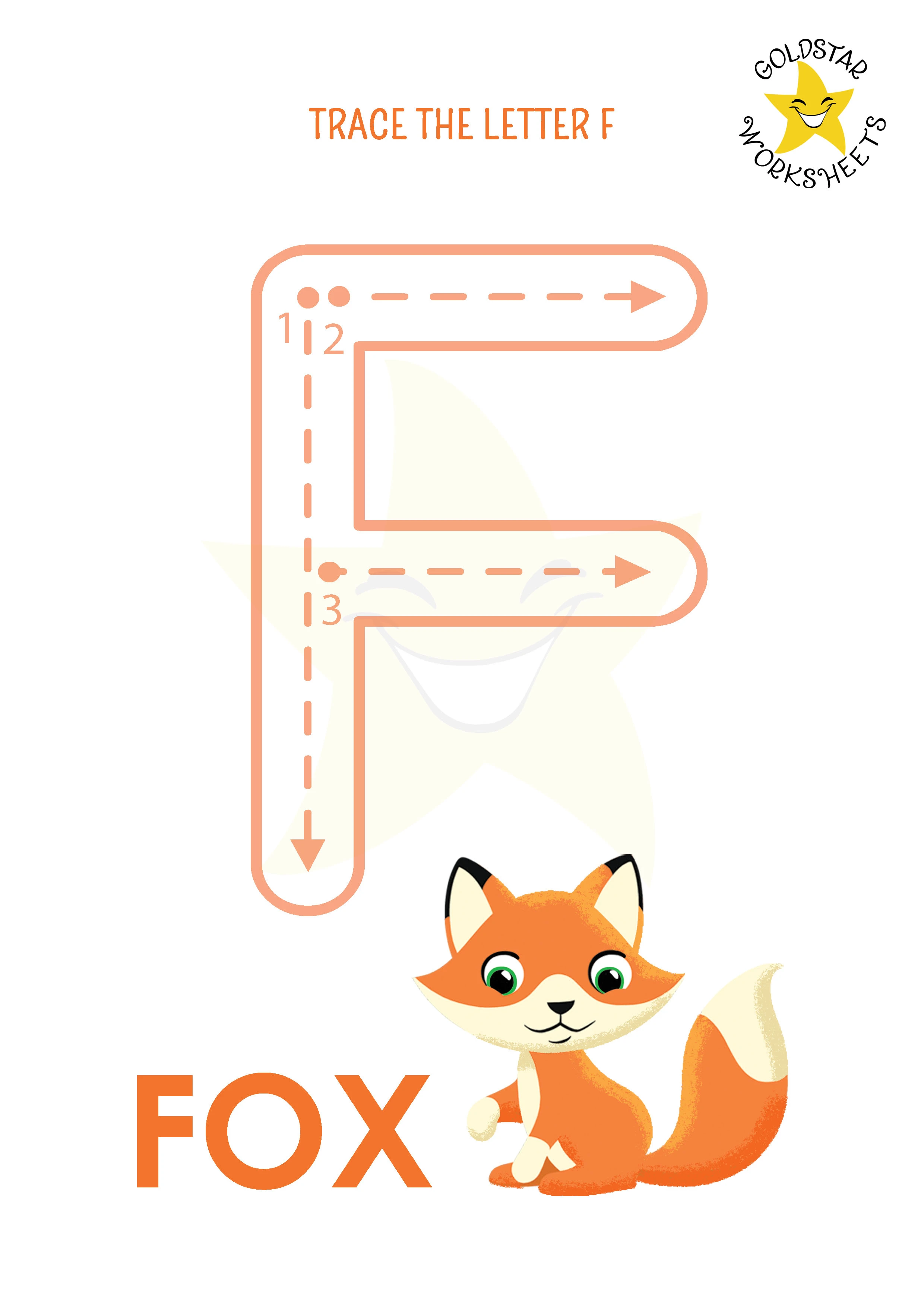 F: Big letter F tracing worksheet with fox illustration