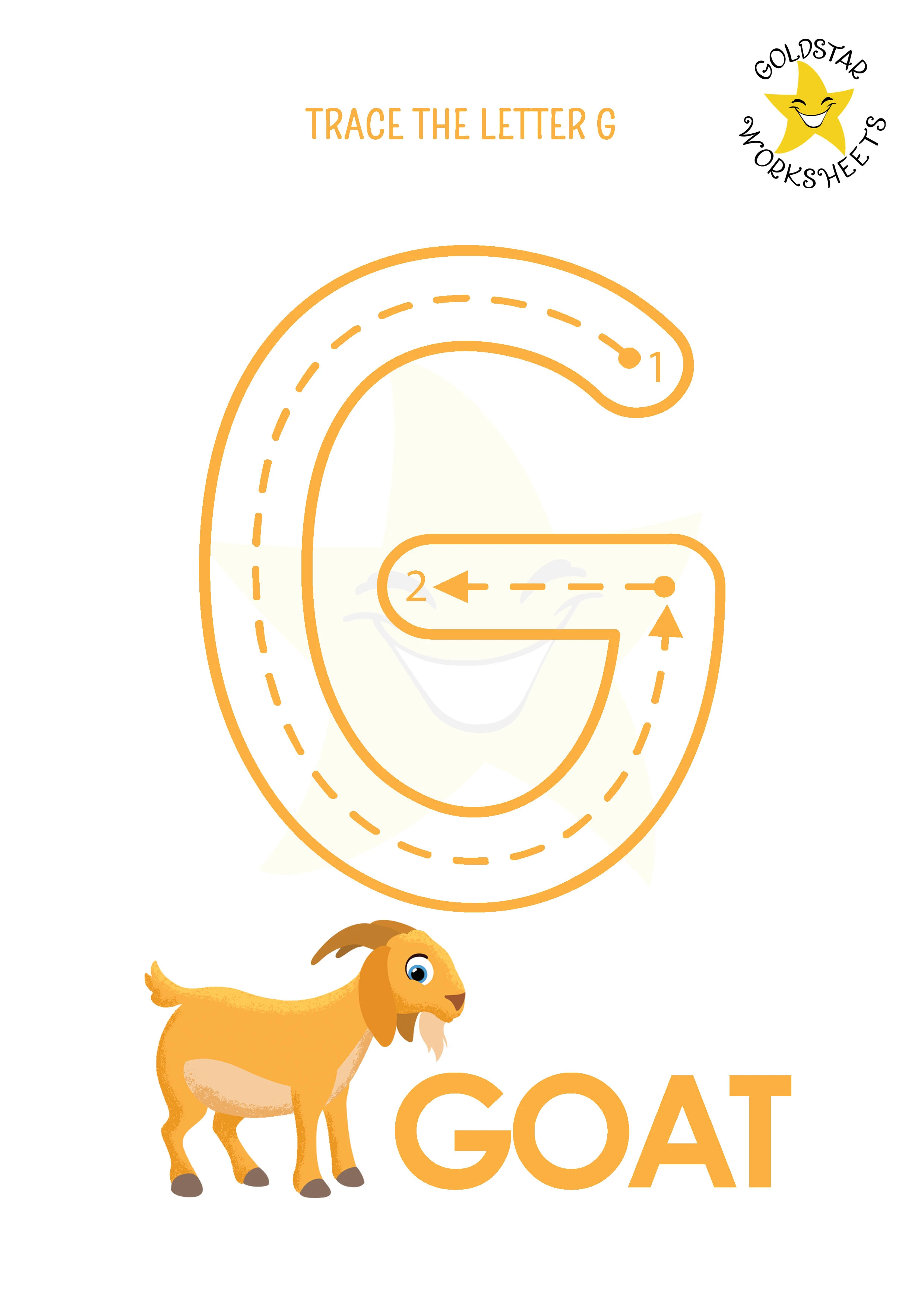 G: Big letter G tracing worksheet with goat illustration