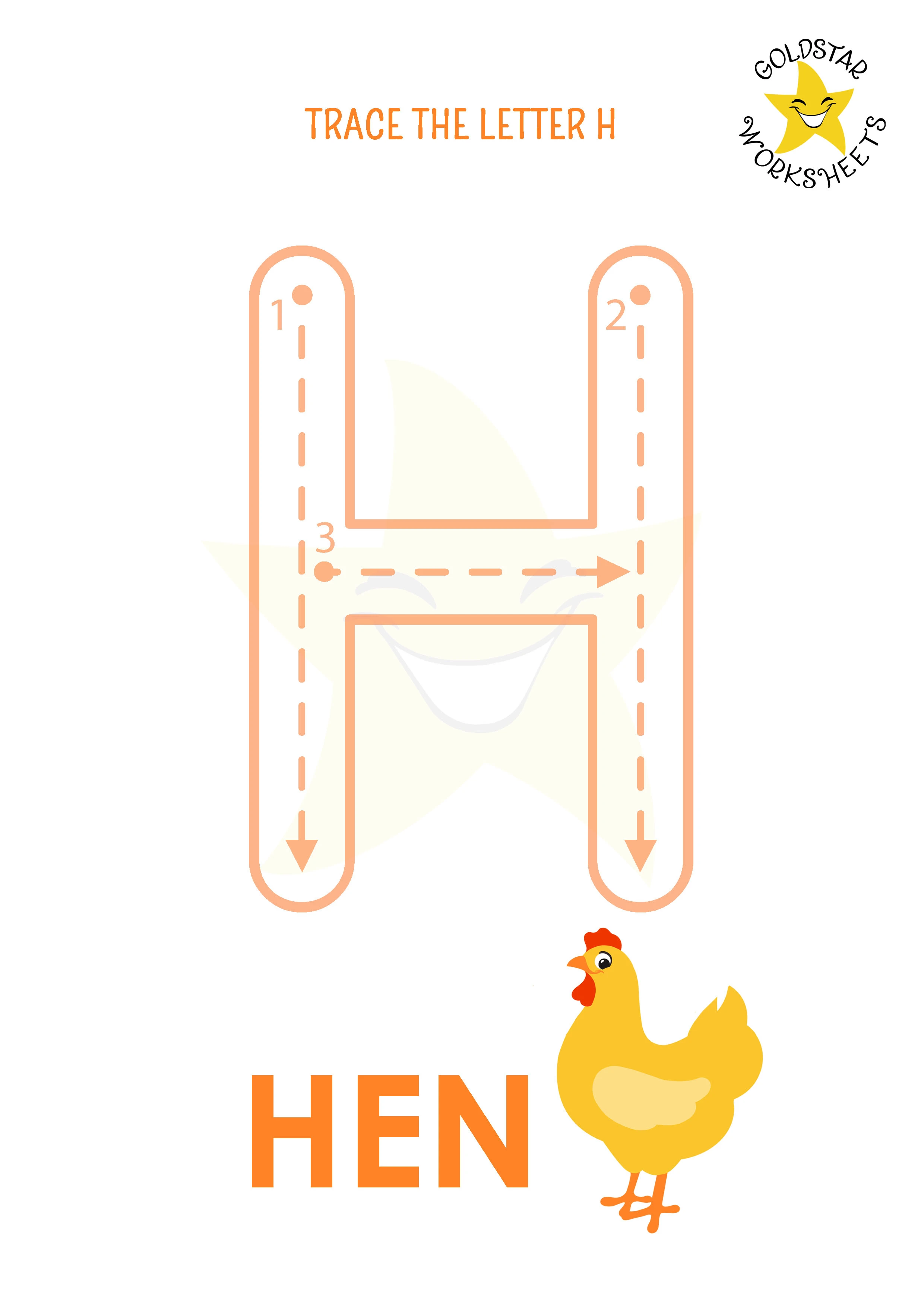 H: Big letter H tracing worksheet with hen illustration