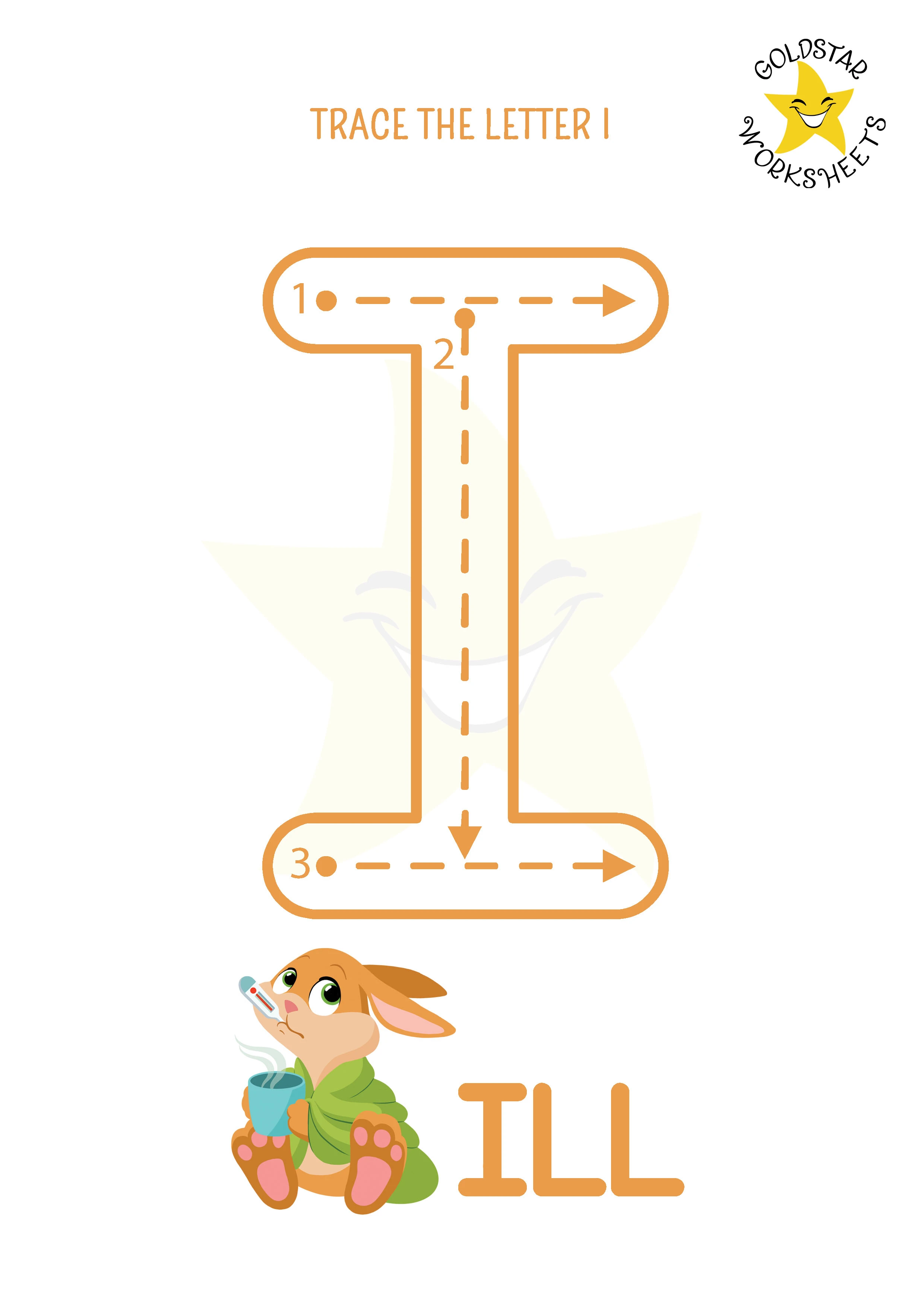 I: Big letter I tracing worksheet with ill illustration