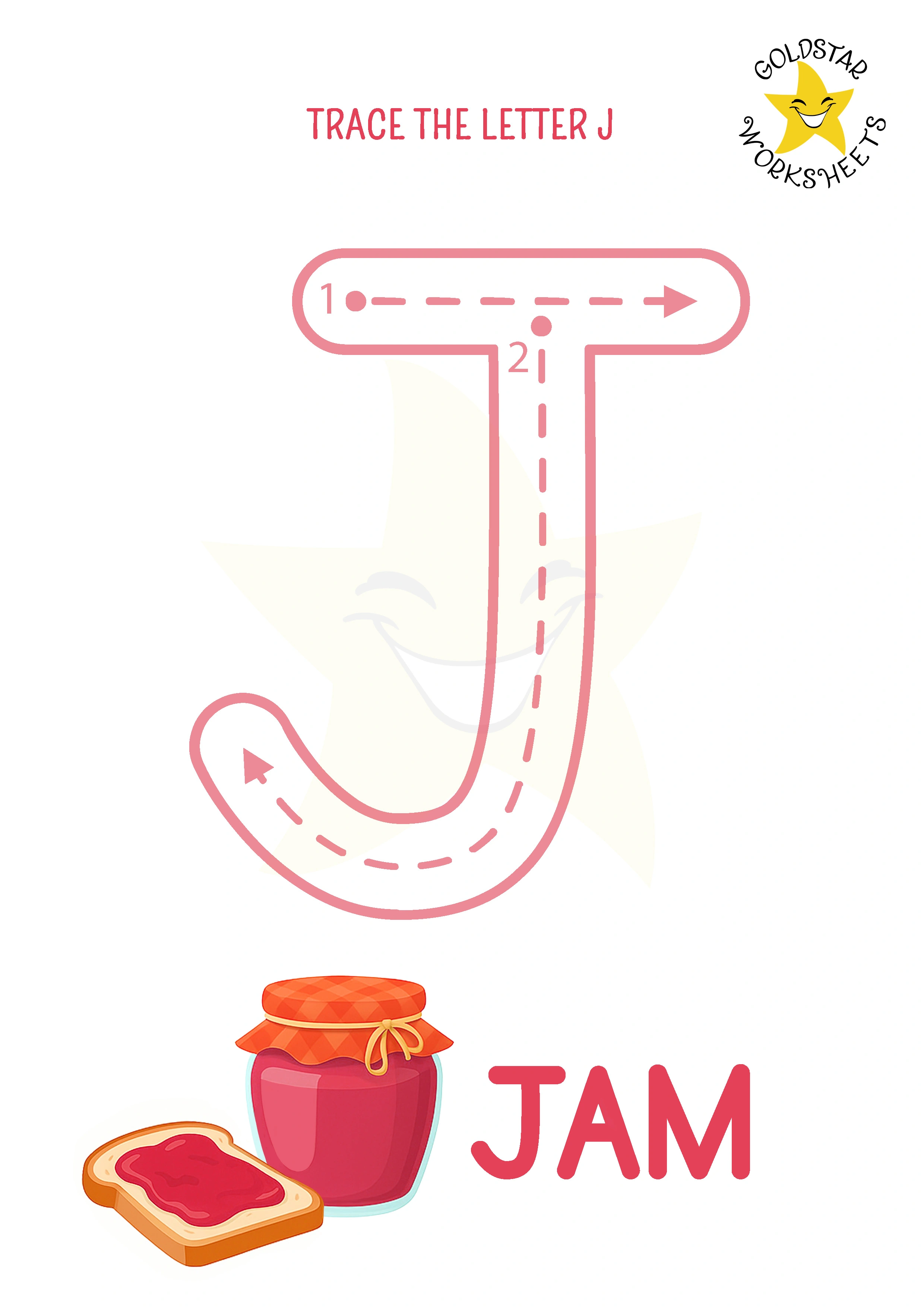 J: Big letter J tracing worksheet with jam illustration