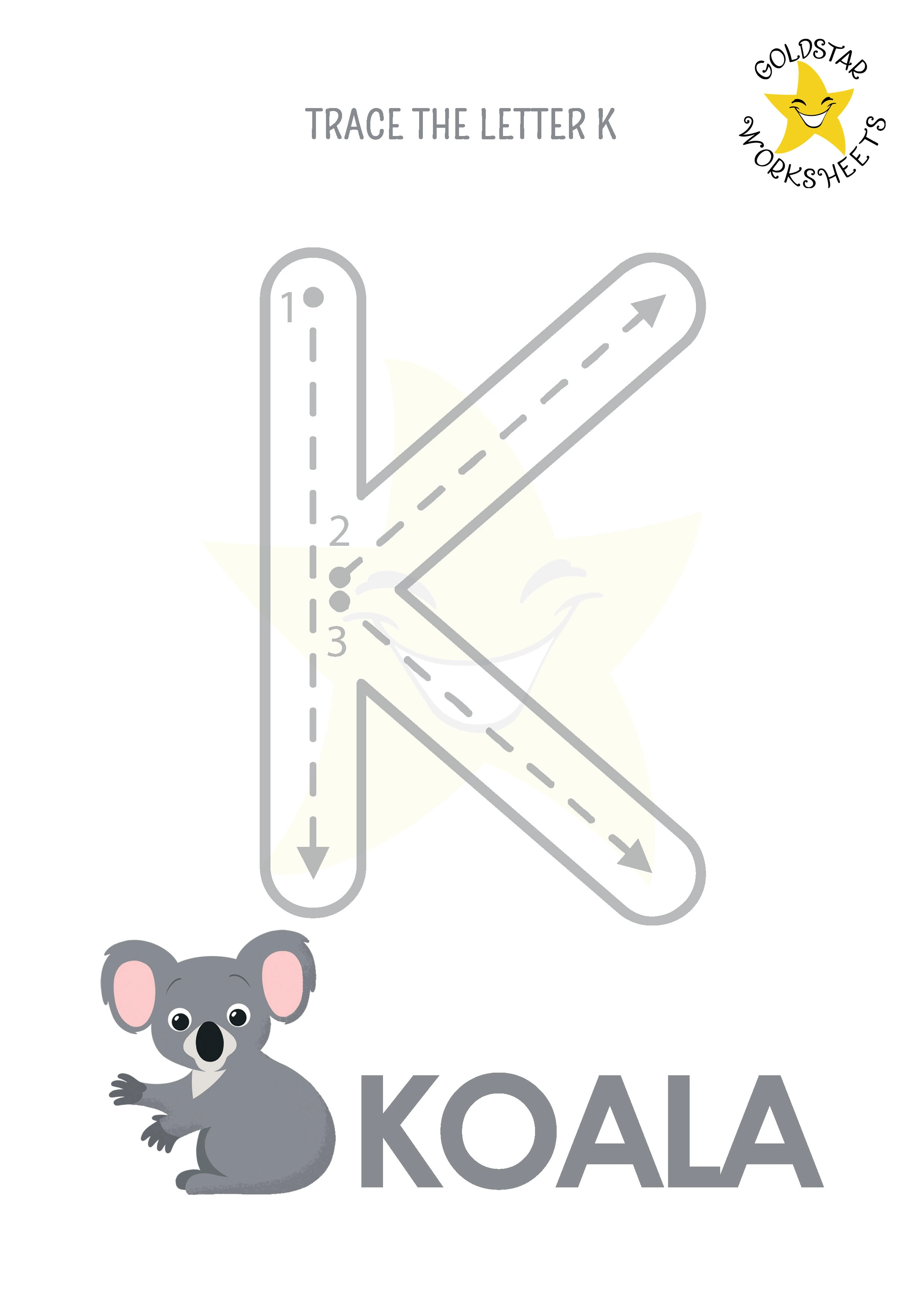 K: Big letter K tracing worksheet with koala illustration