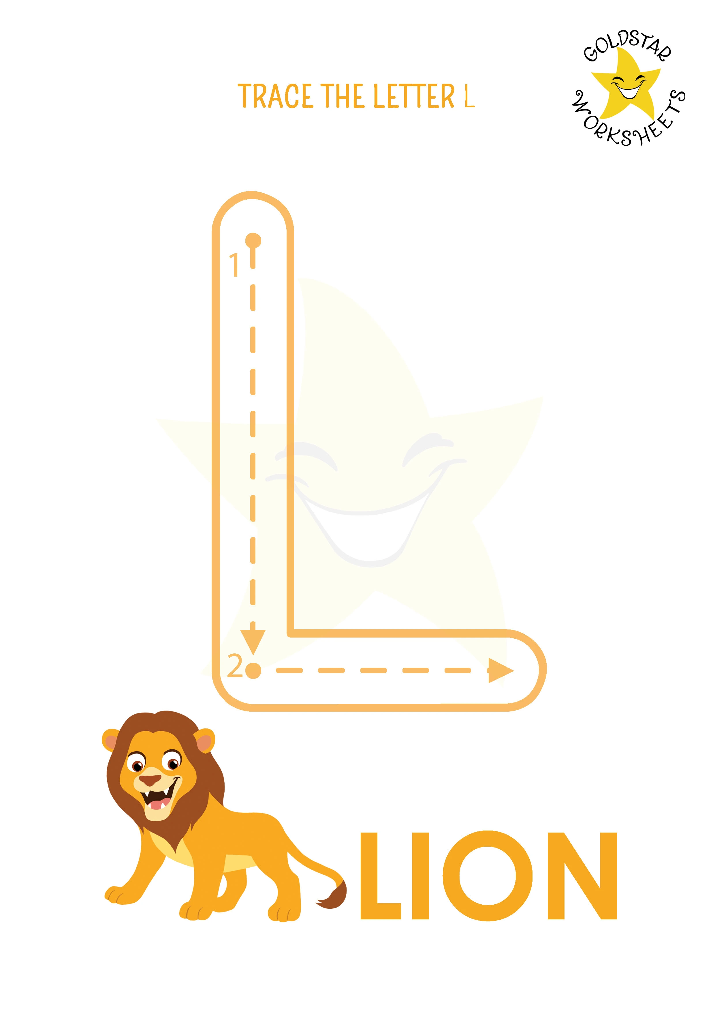 L: Big letter L tracing worksheet with lion illustration