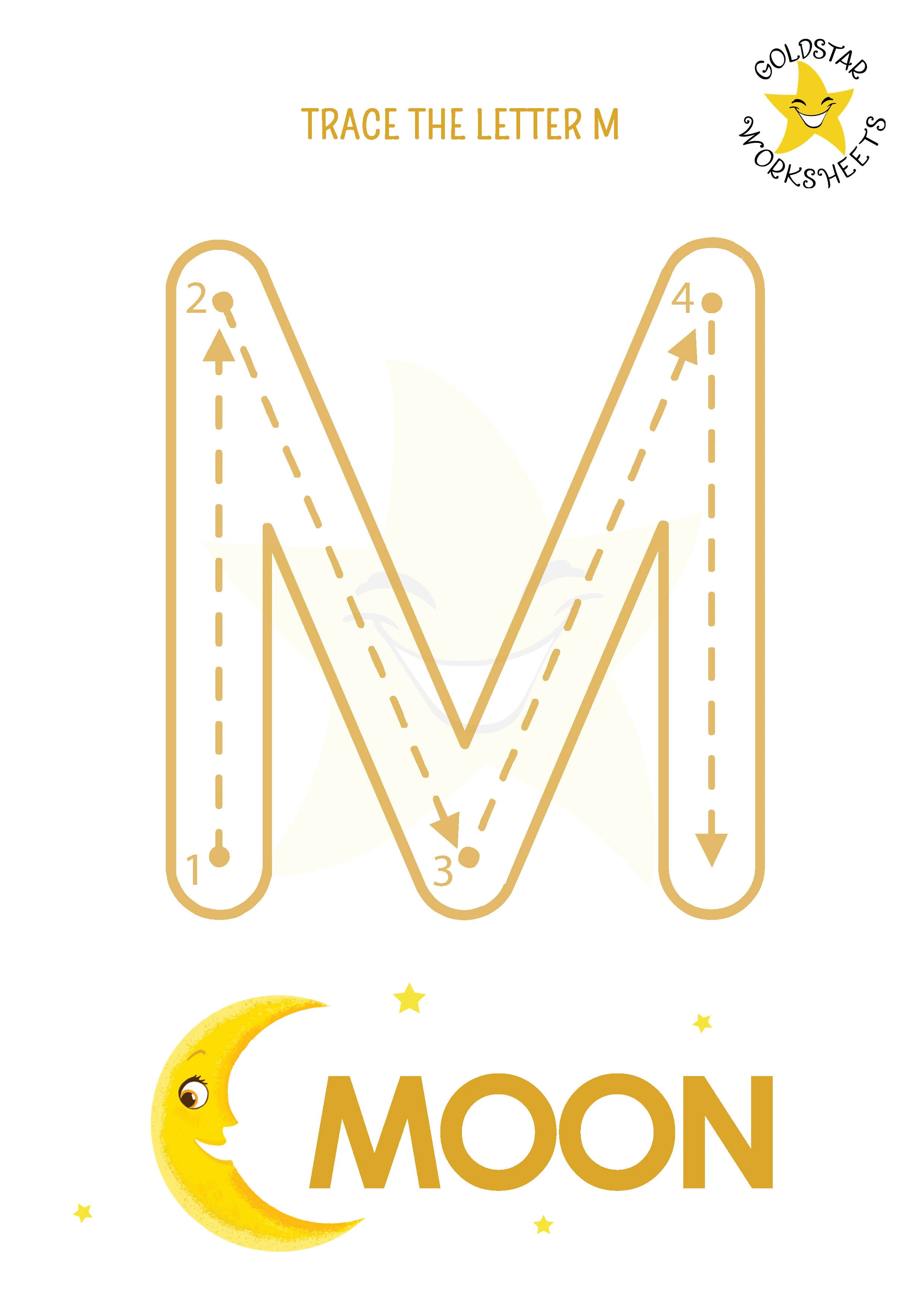 M: Big letter M tracing worksheet with moon illustration
