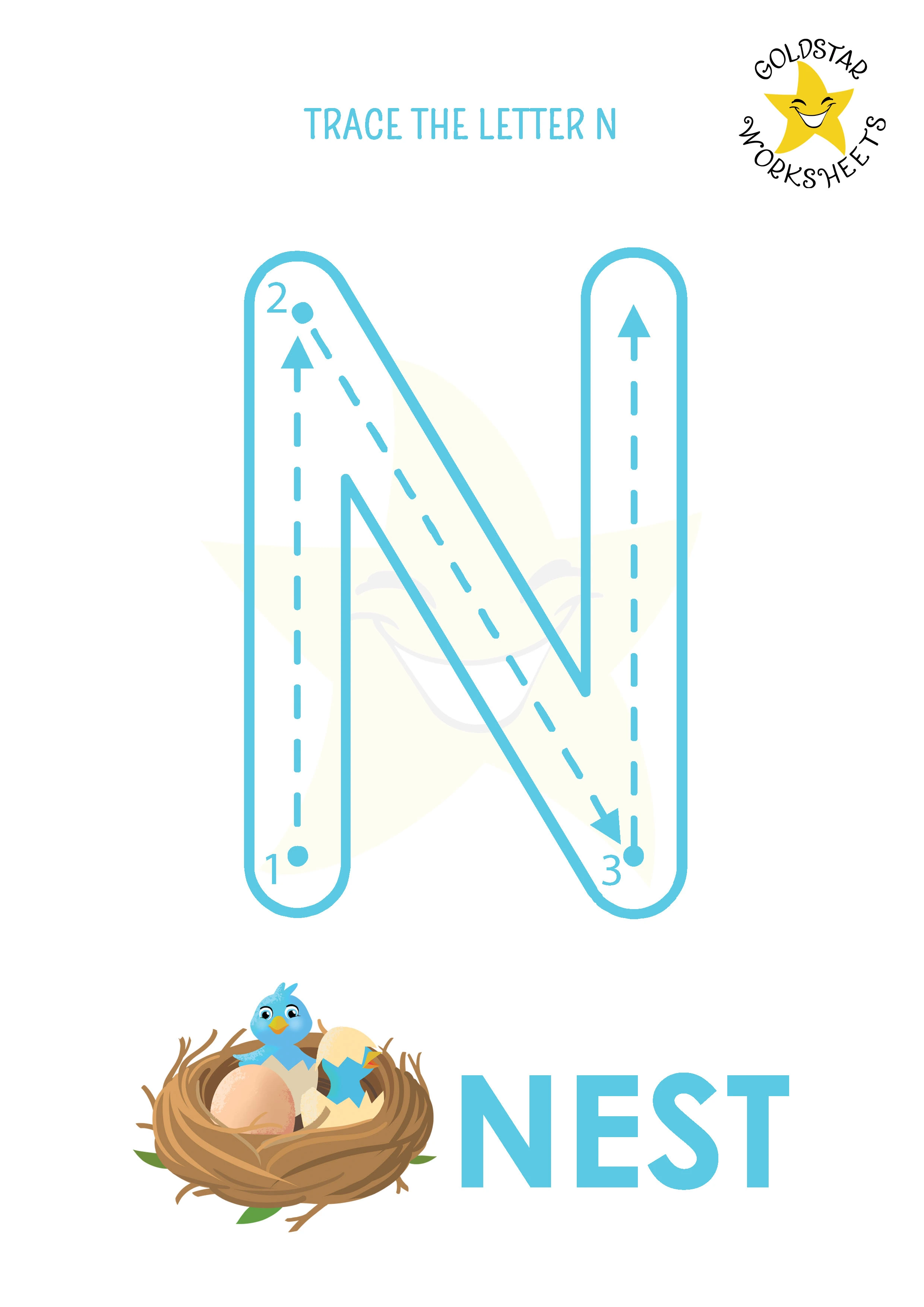 N: Big letter N tracing worksheet with nest illustration