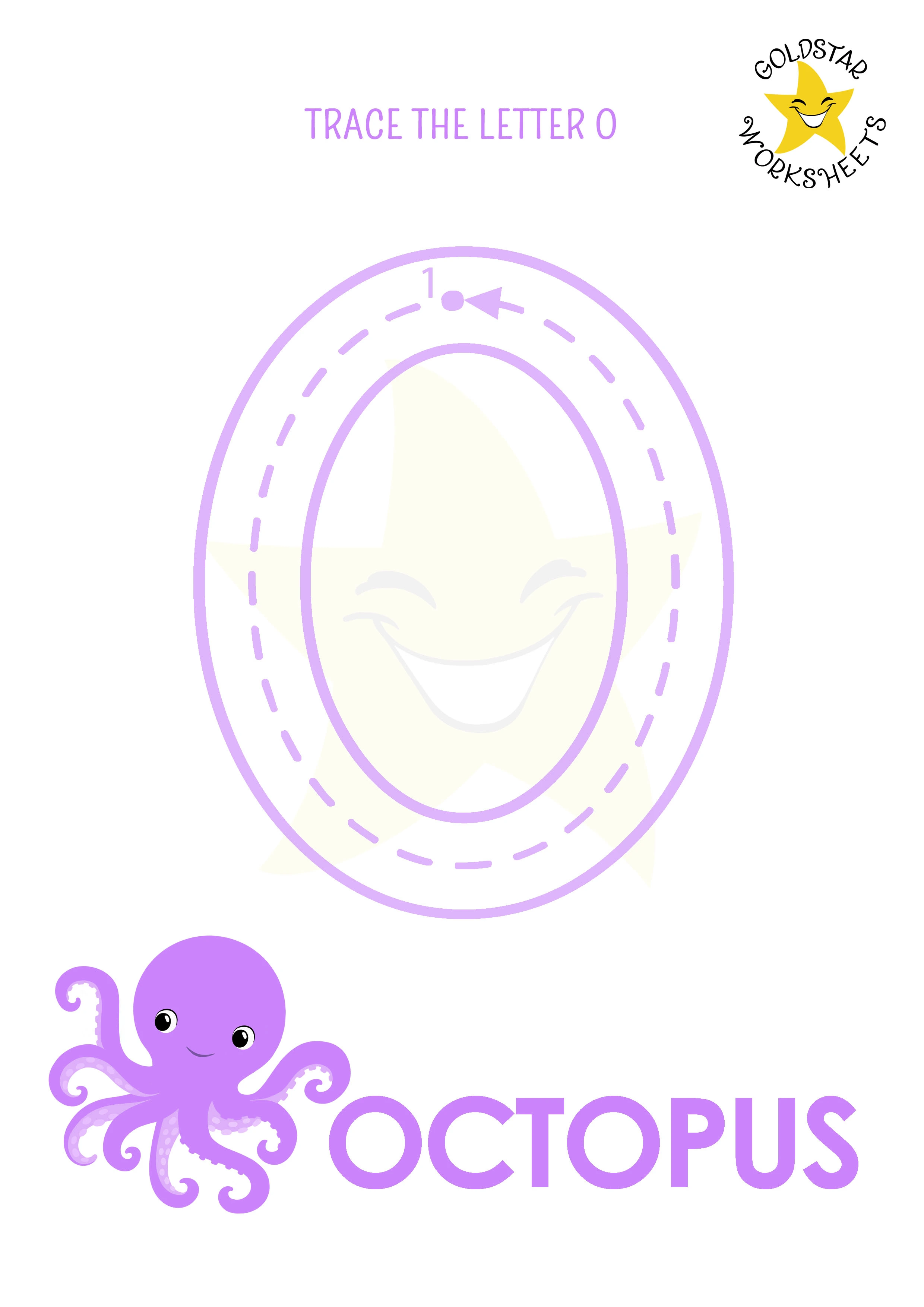 O: Big letter O tracing worksheet with octopus illustration