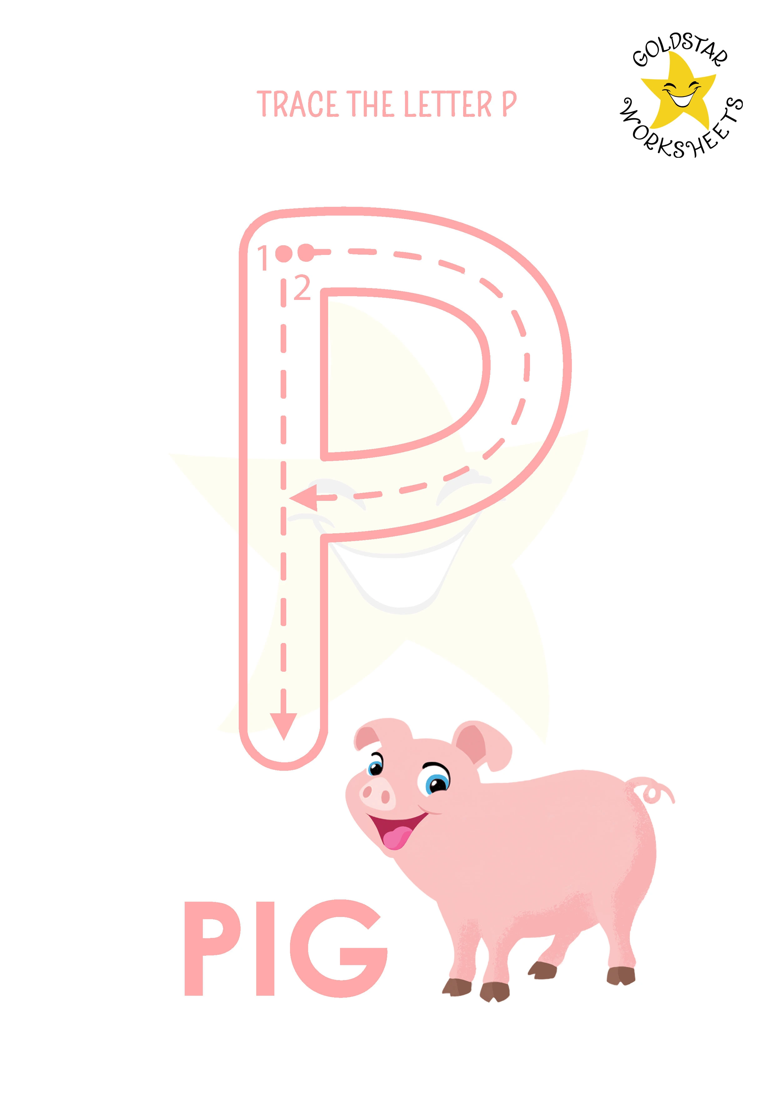 P: Big letter P tracing worksheet with pig illustration