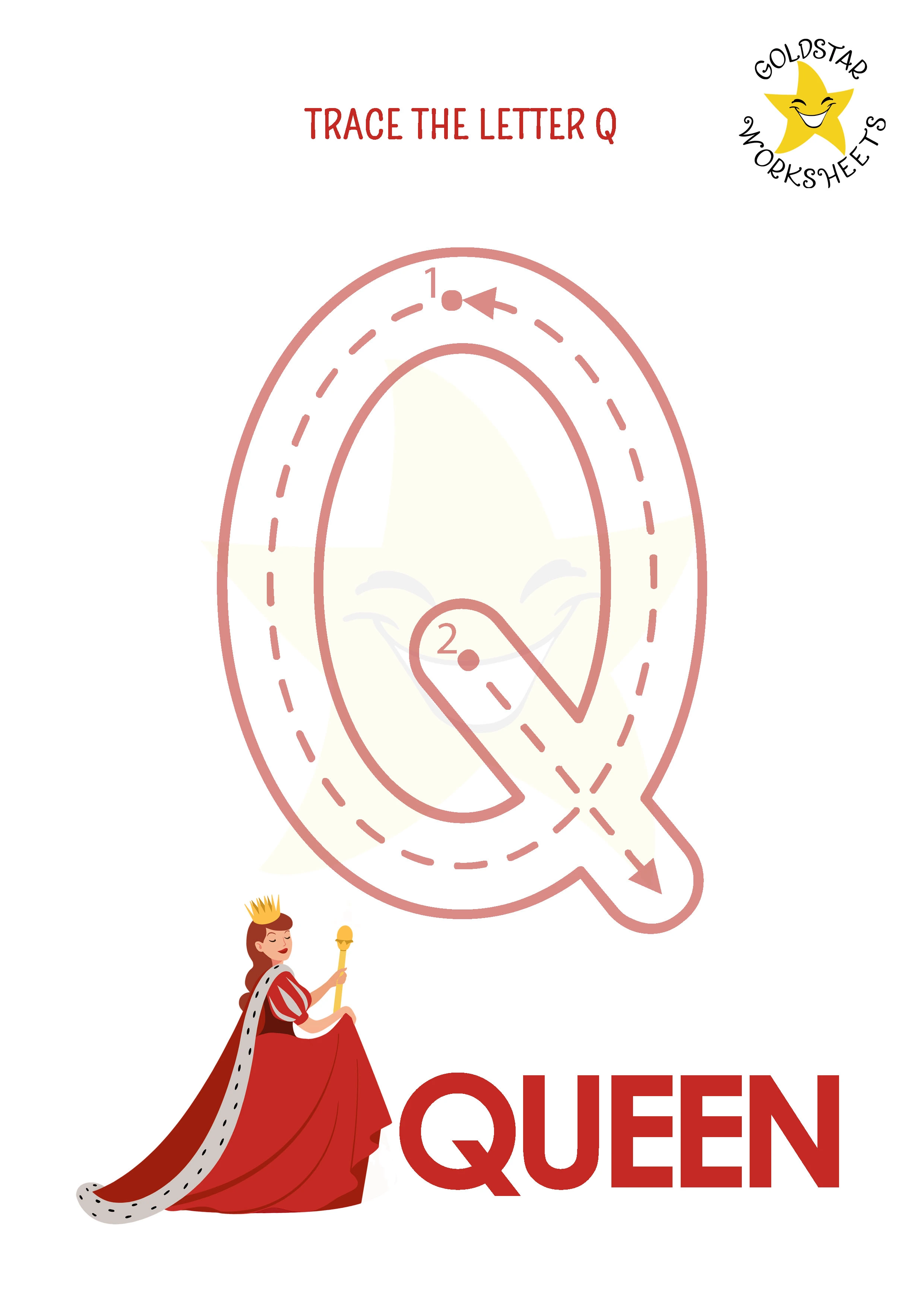Q: Big letter Q tracing worksheet with queen illustration