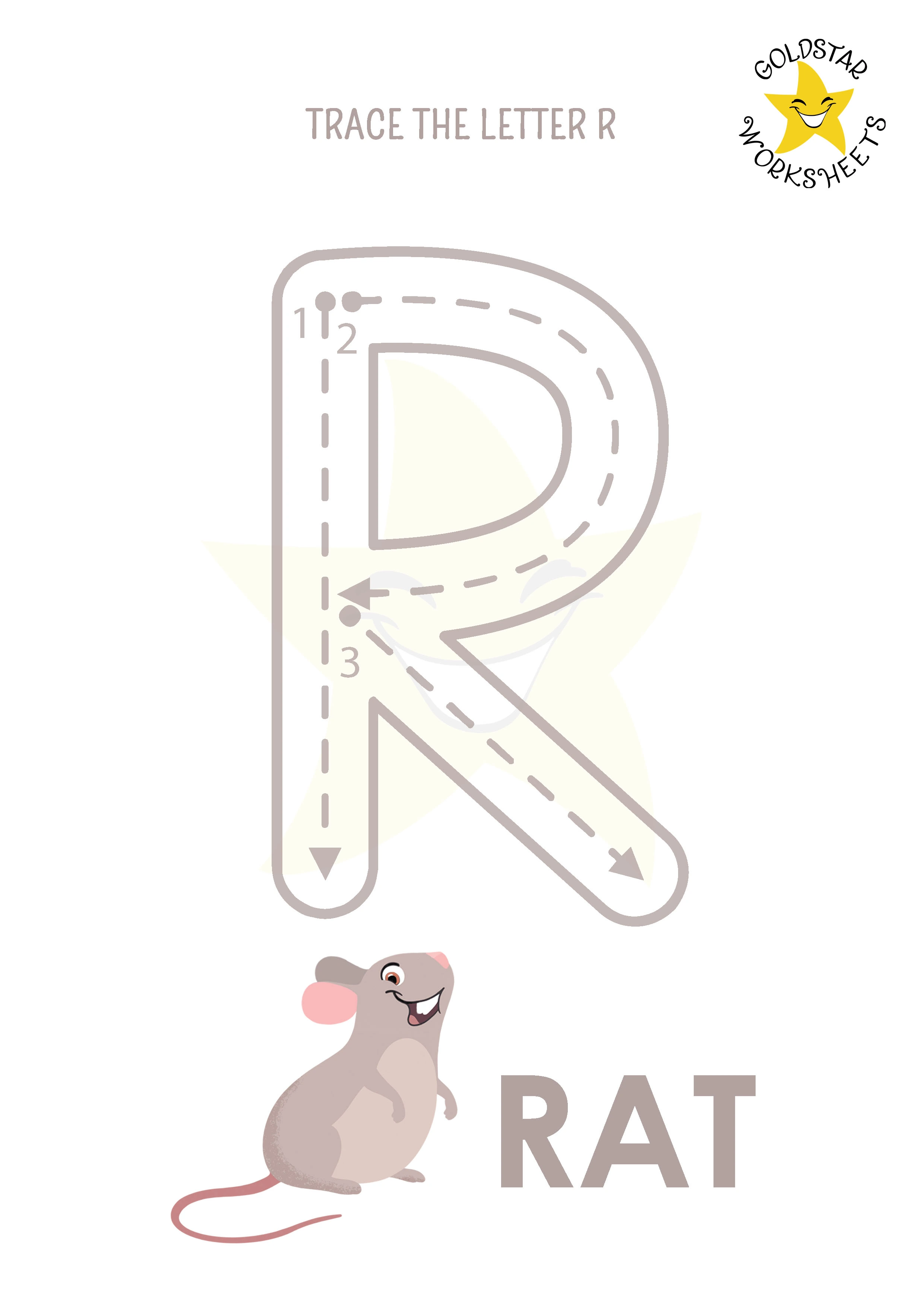 R: Big letter R tracing worksheet with rat illustration
