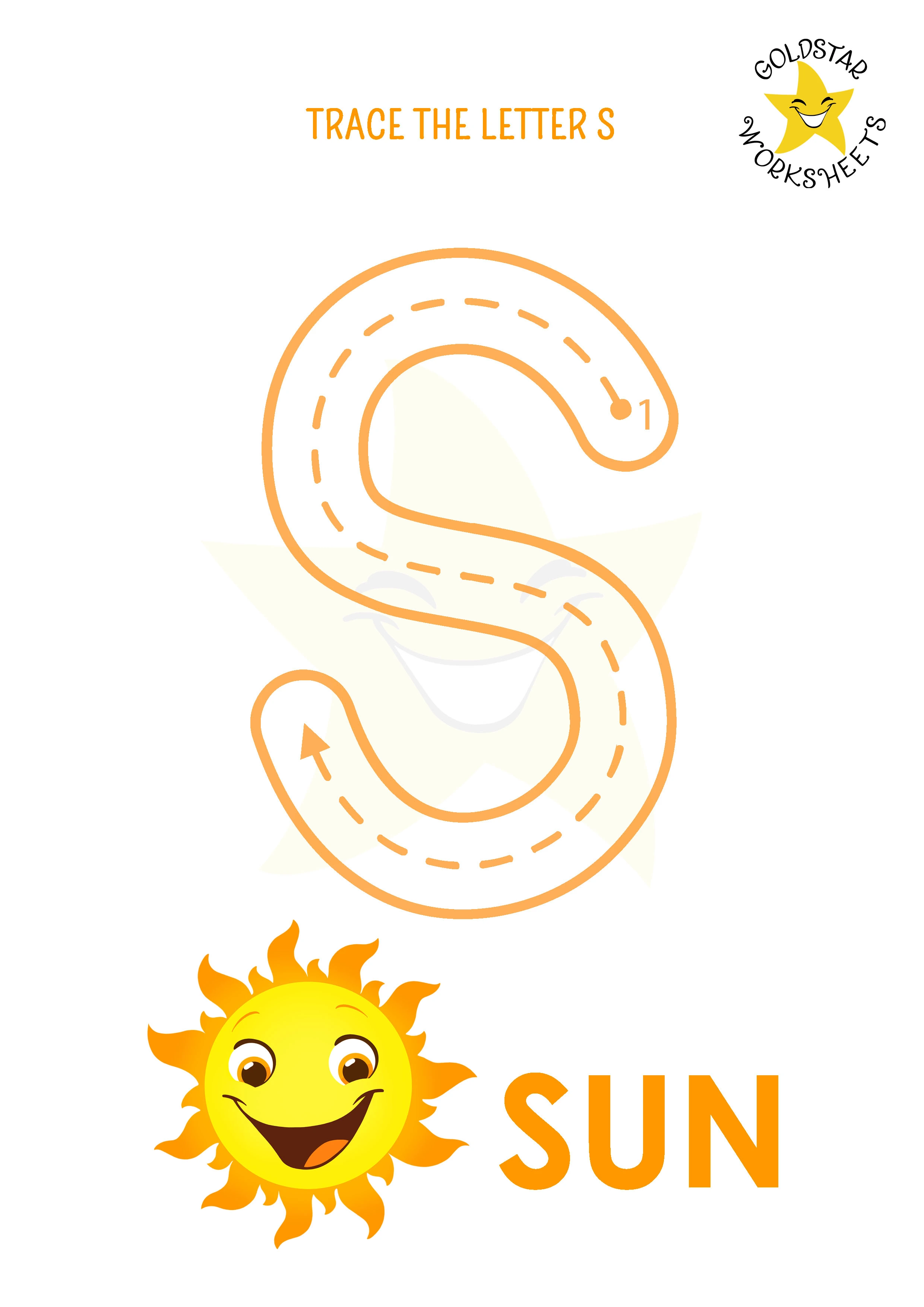 S: Big letter S tracing worksheet with sun illustration
