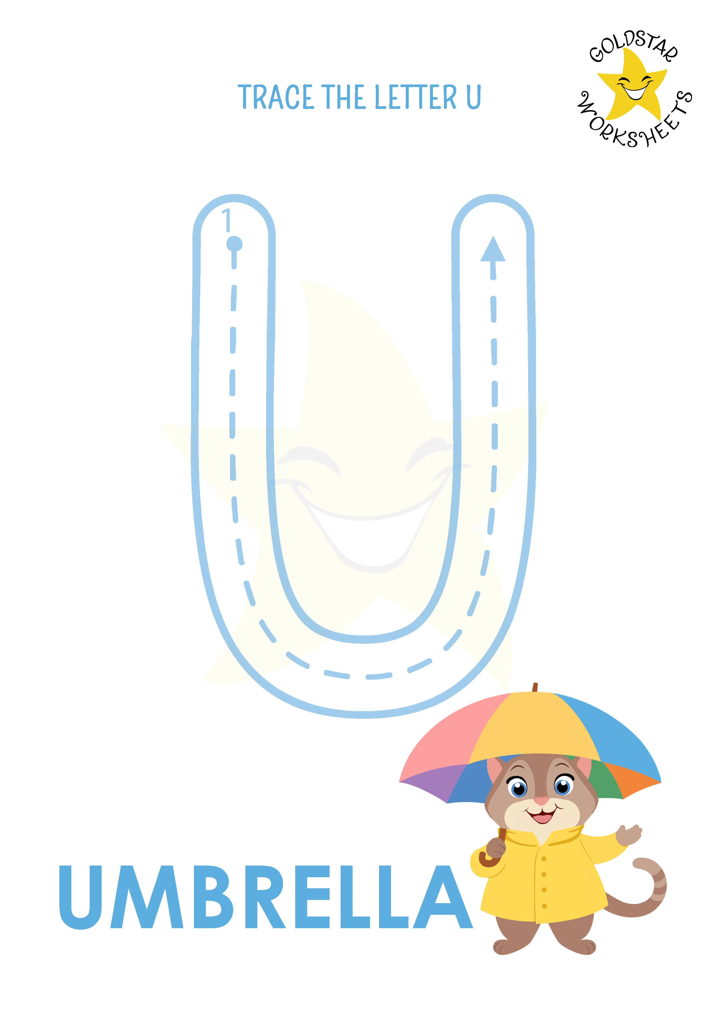 U: Big letter U tracing worksheet with umbrella illustration